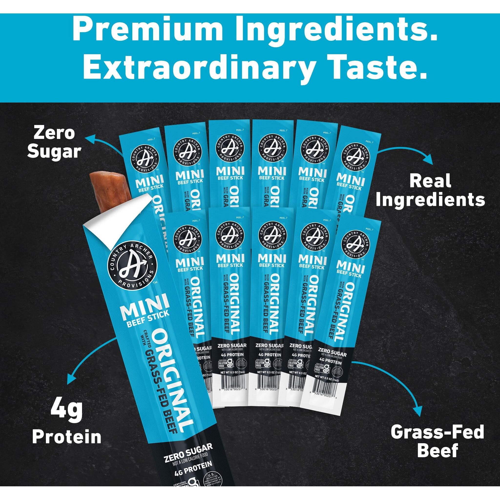 Country Archer Mini Beef Jerky Sticks - Grass Fed Beef Sticks Individually Wrapped, Mini Beef Sticks Bulk, Beef Jerky Snack Packs, Gluten Free, Paleo, Keto - .5 Oz Meat Sticks (Pack Of 12)