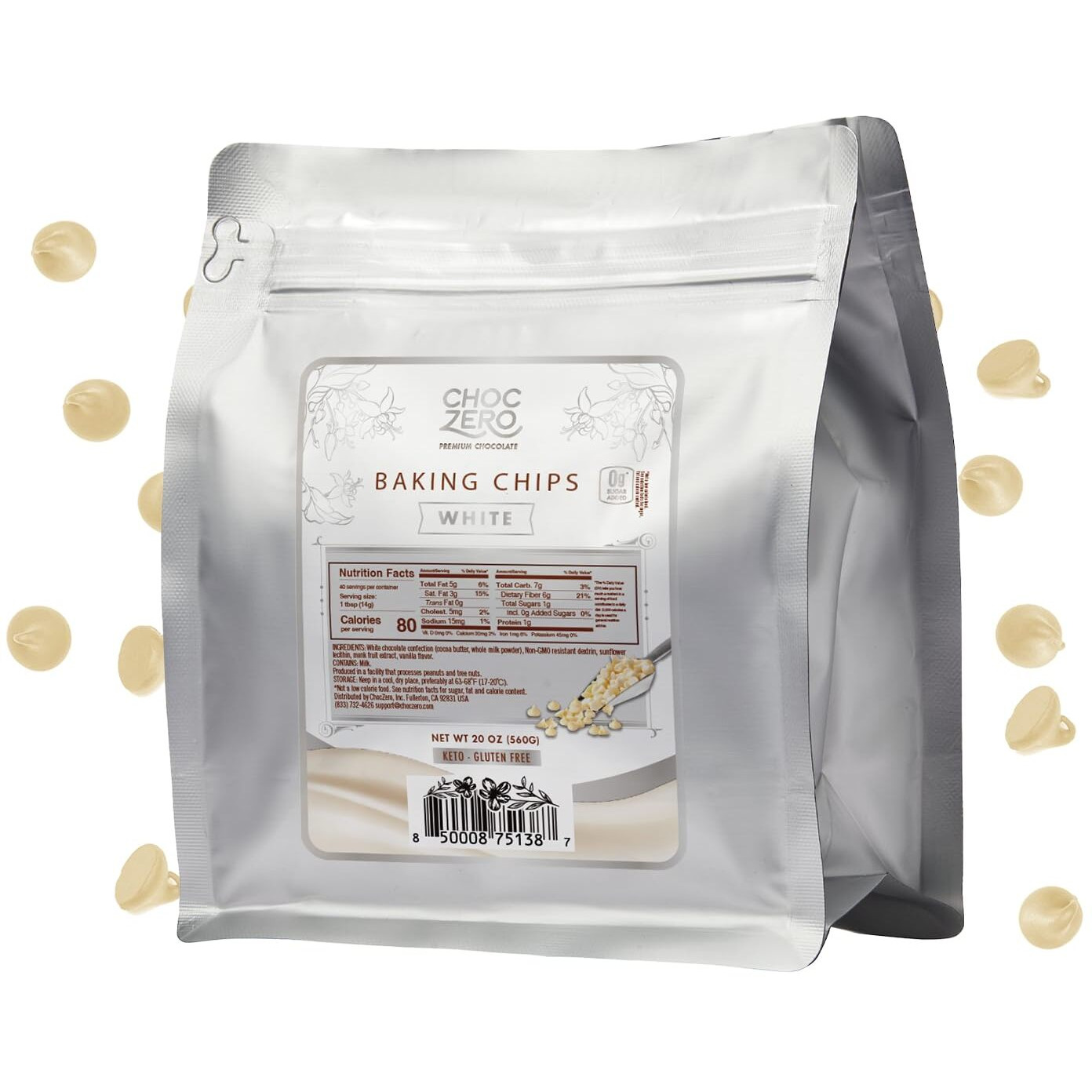 Choczero White Chocolate Chips - Sugar Free, Low Carb, Keto Friendly, Gluten Free - 20 Ounce Bulk Bag For Baking Keto Diet Cookies And Dessert