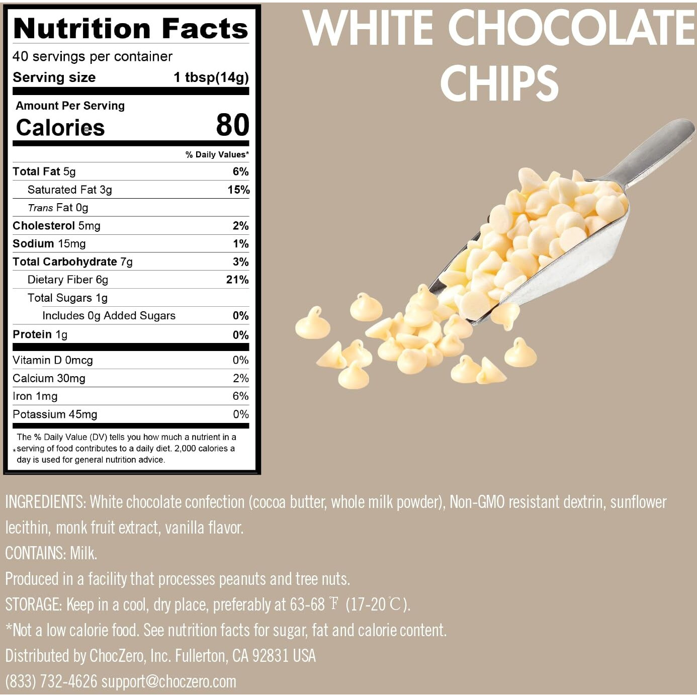 Choczero White Chocolate Chips - Sugar Free, Low Carb, Keto Friendly, Gluten Free - 20 Ounce Bulk Bag For Baking Keto Diet Cookies And Dessert