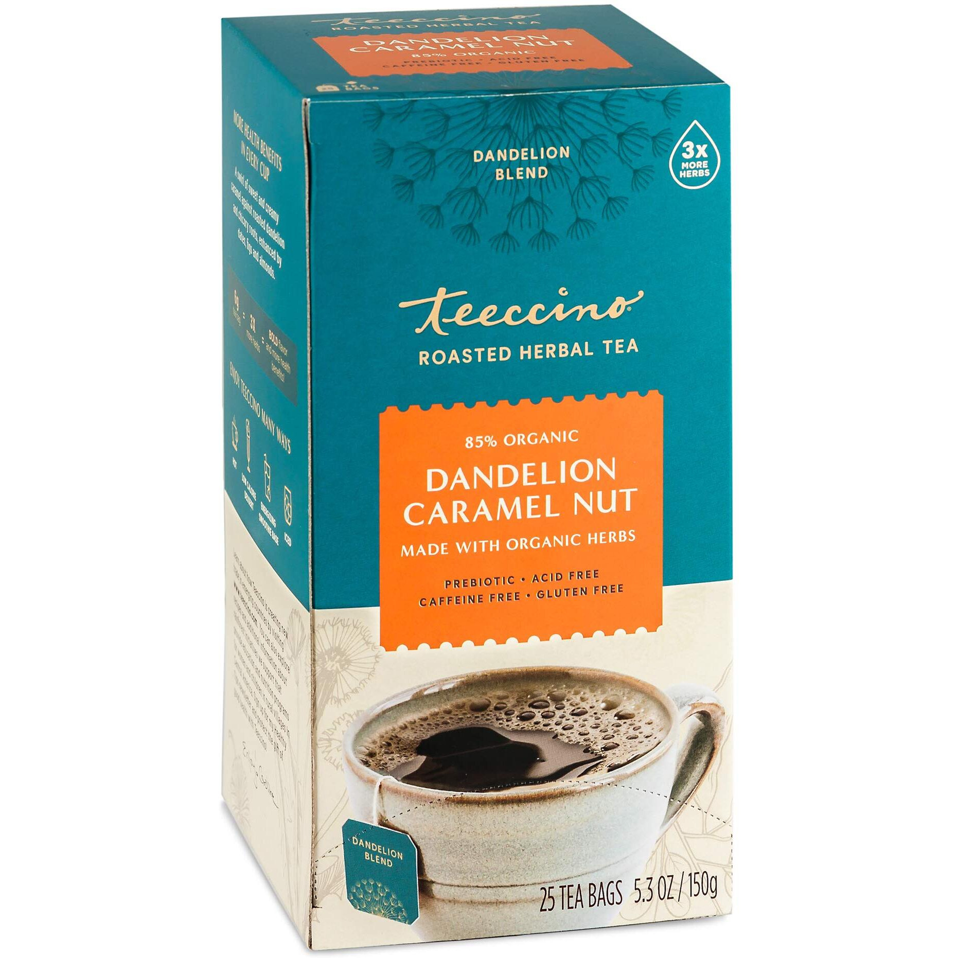 Teeccino Dandelion Caramel Nut Tea - Caffeine Free, Roasted Herbal Tea With Prebiotics, 3X More Herbs Than Regular Tea Bags, Gluten Free - 25 Tea Bags
