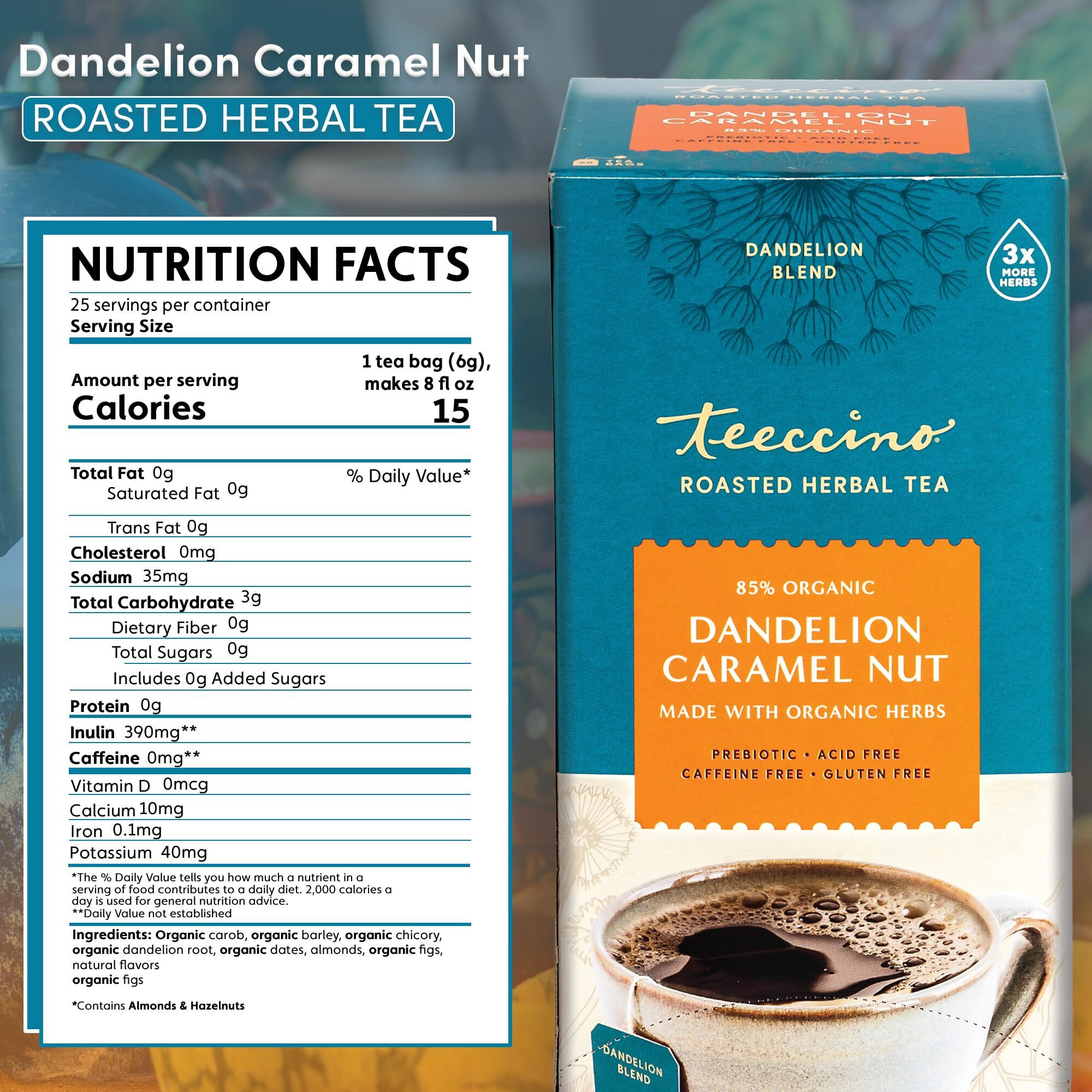 Teeccino Dandelion Caramel Nut Tea - Caffeine Free, Roasted Herbal Tea With Prebiotics, 3X More Herbs Than Regular Tea Bags, Gluten Free - 25 Tea Bags