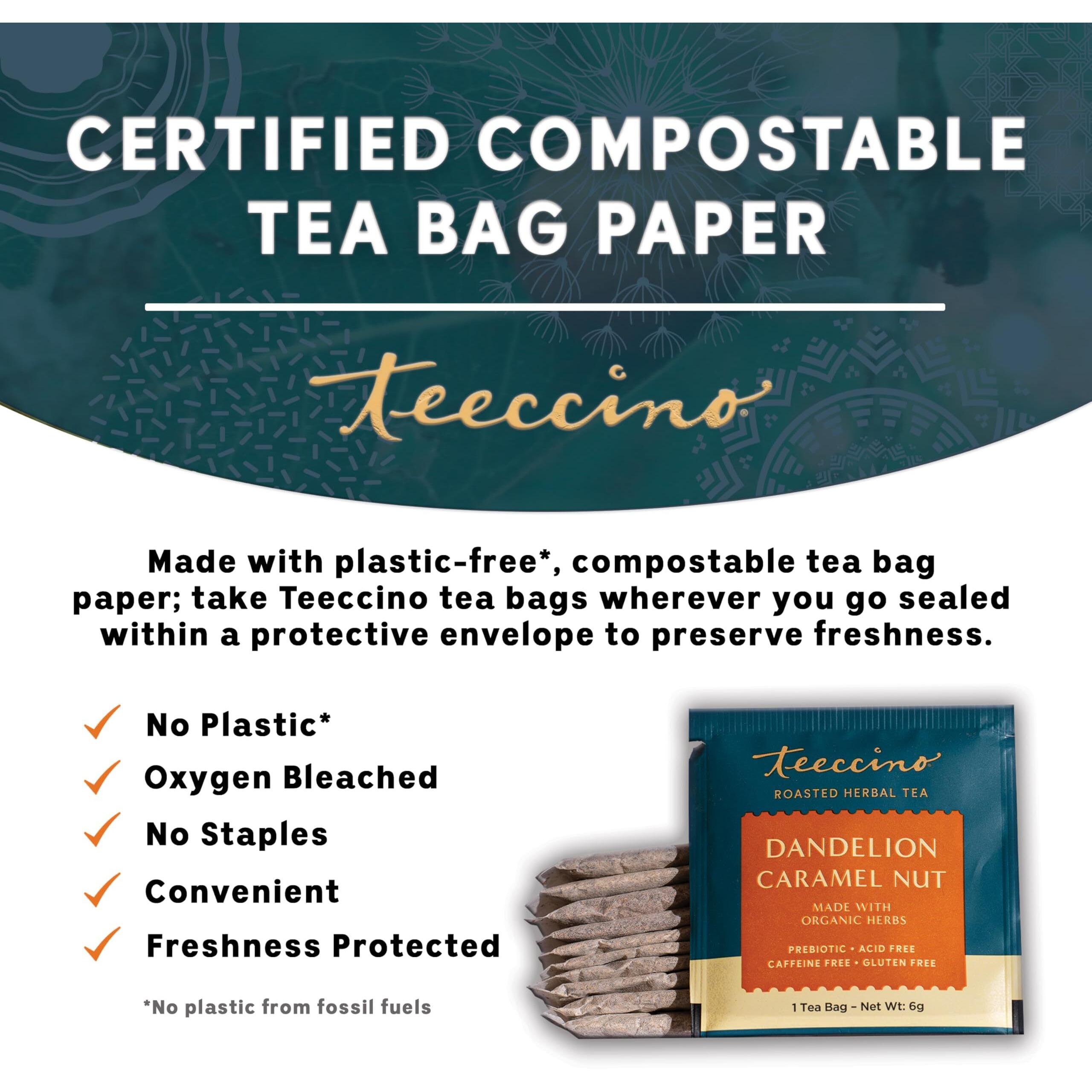 Teeccino Dandelion Caramel Nut Tea - Caffeine Free, Roasted Herbal Tea With Prebiotics, 3X More Herbs Than Regular Tea Bags, Gluten Free - 25 Tea Bags