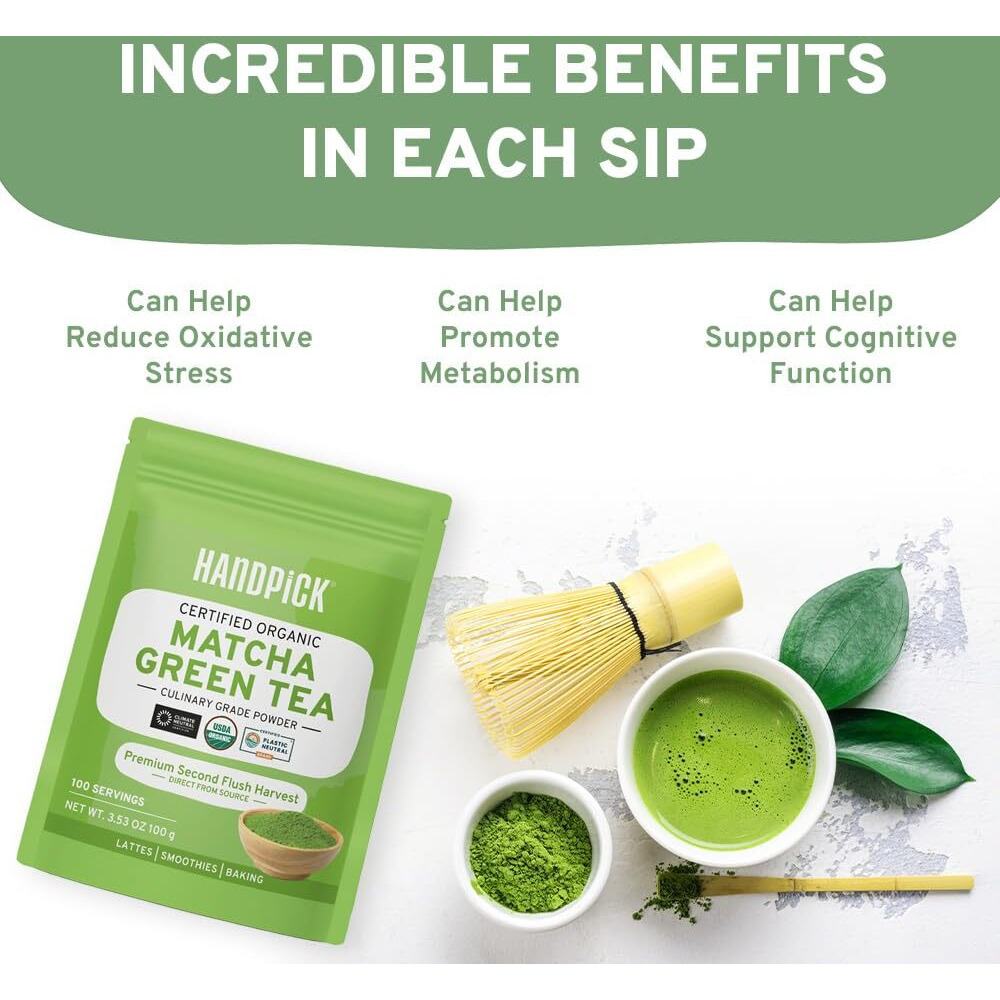 Handpick Japanese Organic Matcha Green Tea Powder (100 Servings) - Authentic Premium Second Flush Harvest | Resealable Ziplock Pouch