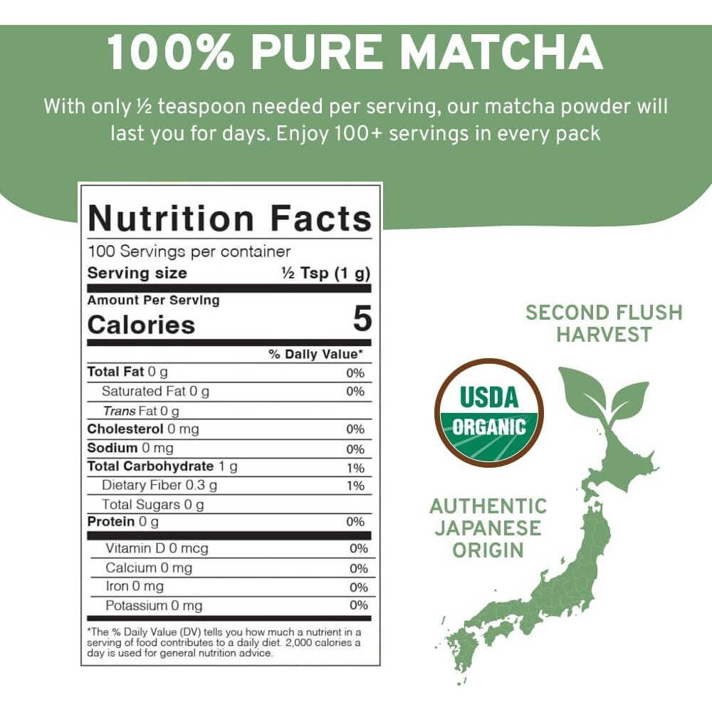 Handpick Japanese Organic Matcha Green Tea Powder (100 Servings) - Authentic Premium Second Flush Harvest | Resealable Ziplock Pouch