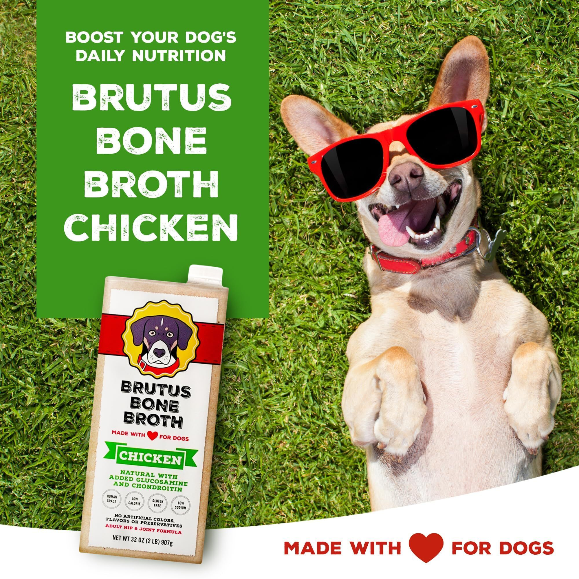 Brutus Chicken Broth For Dogs - All Natural Chicken Bone Broth For Dogs With Chondroitin Glucosamine Turmeric -Human Grade Dog Food Toppers For Picky Eaters & Dry Food -Tasty & Nutritious