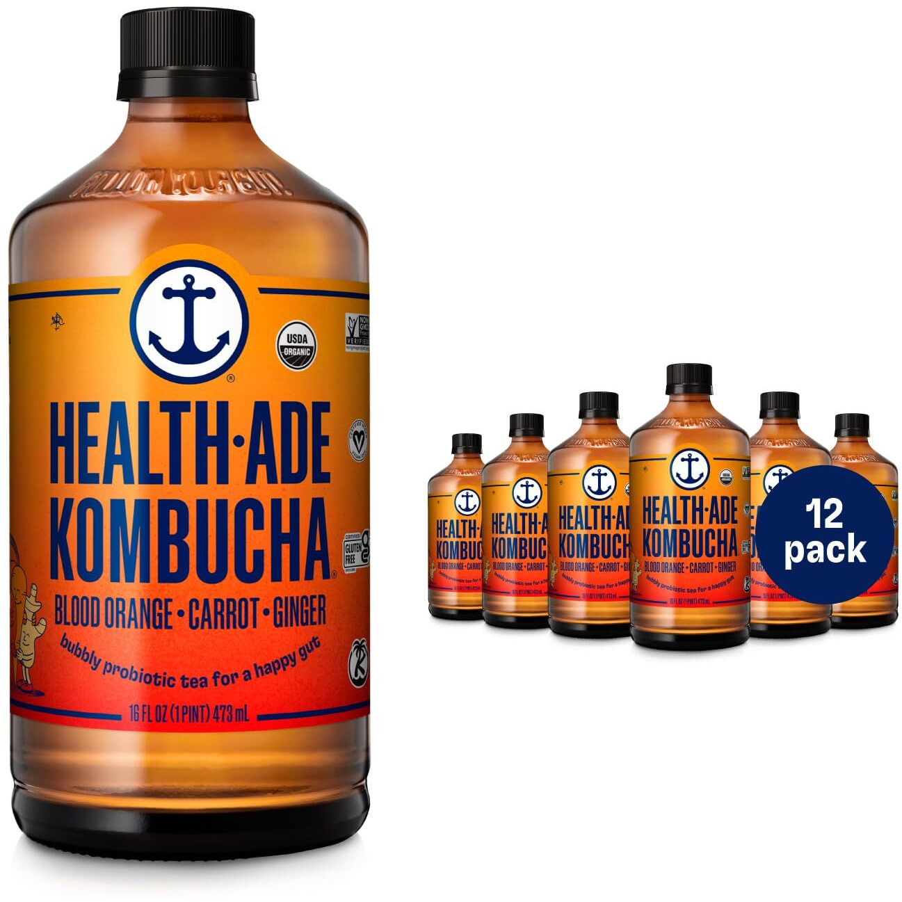Health-Ade Kombucha Tea Organic Drink, Fermented Tea With Living Probiotics, Detoxifying Acids, Supports Gut Health, Non-Gmo, Vegan, Gluten Free, 12 Pack (16 Fl Oz Bottles), Blood Orange Carrot Ginger