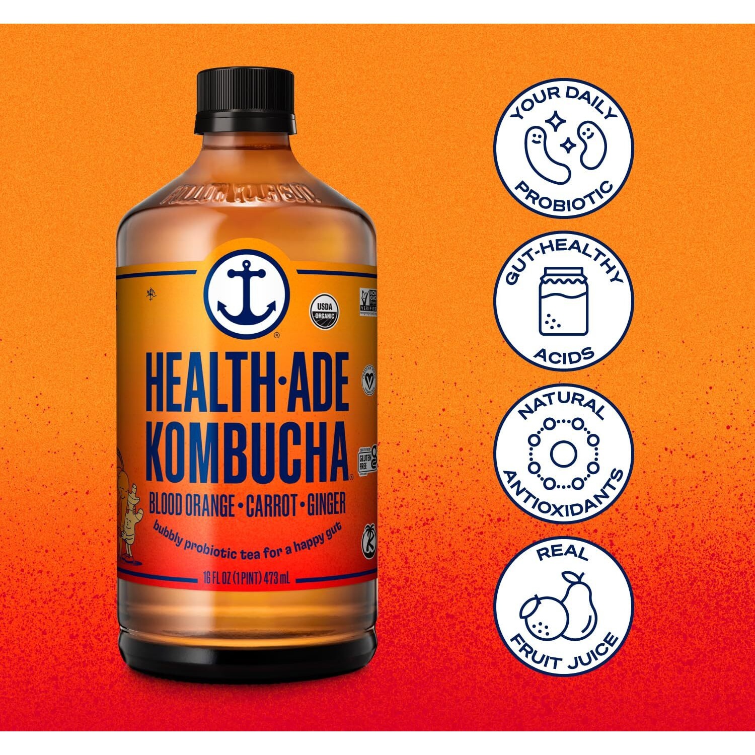 Health-Ade Kombucha Tea Organic Drink, Fermented Tea With Living Probiotics, Detoxifying Acids, Supports Gut Health, Non-Gmo, Vegan, Gluten Free, 12 Pack (16 Fl Oz Bottles), Blood Orange Carrot Ginger