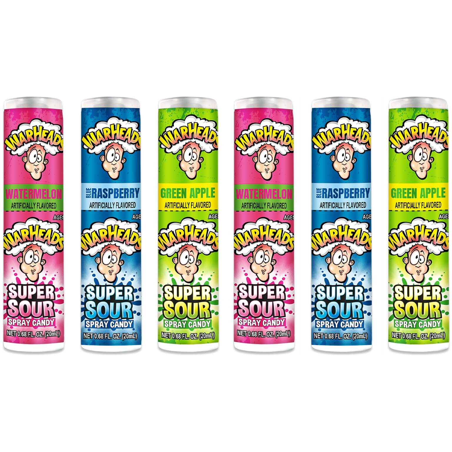 Warheads - Super Sour Candy Spray - Blue Raspberry, Green Apple And Watermelon Flavors - 0.68 Oz. Bottles - 6 Pack