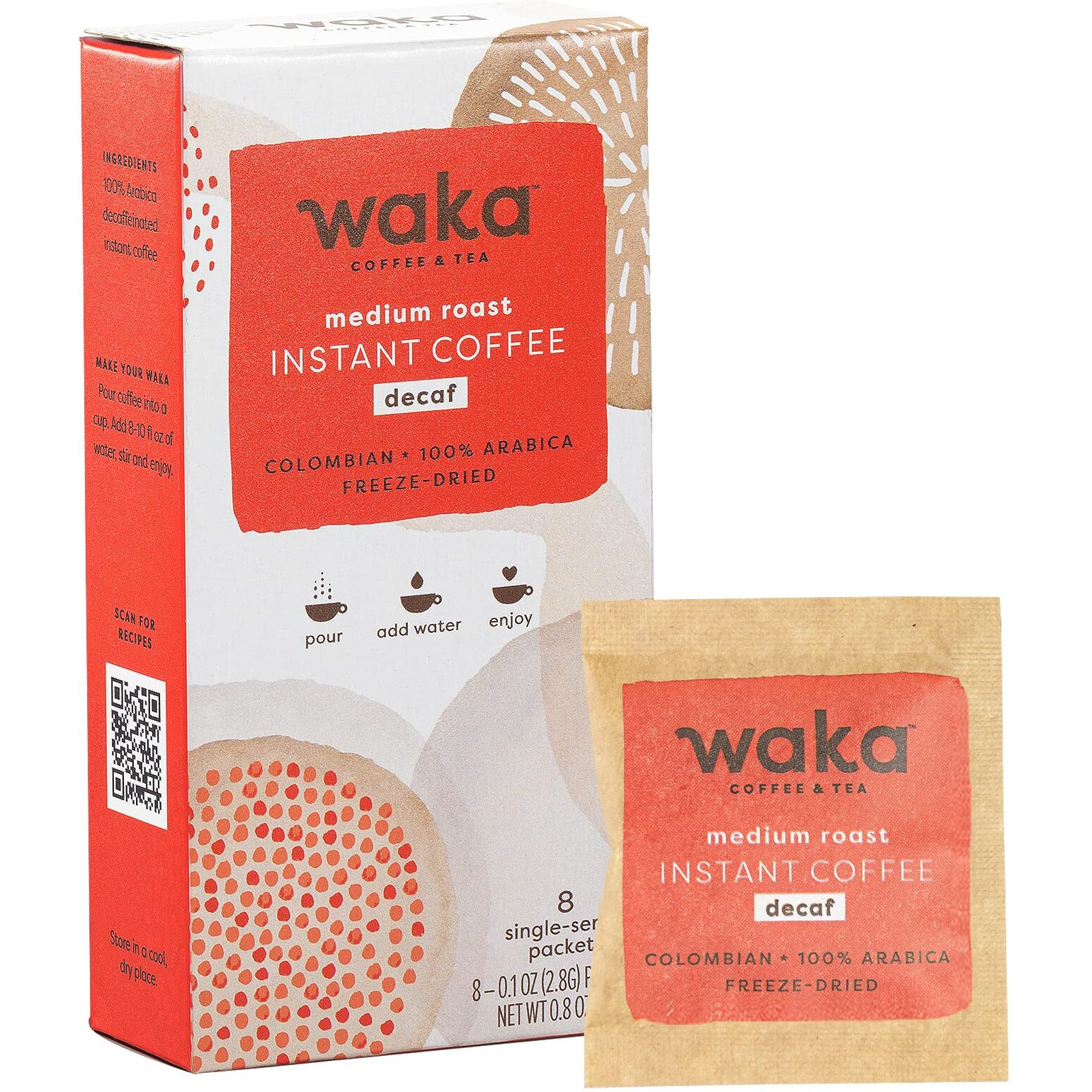 Waka Instant Coffee, Decaffeinated Medium Roast - 100% Arabica Colombian Beans, Freeze Dried Granules, No Additives - Single Serve Packets For Quick Hot And Iced Coffees (8 Individual Coffee Packets)