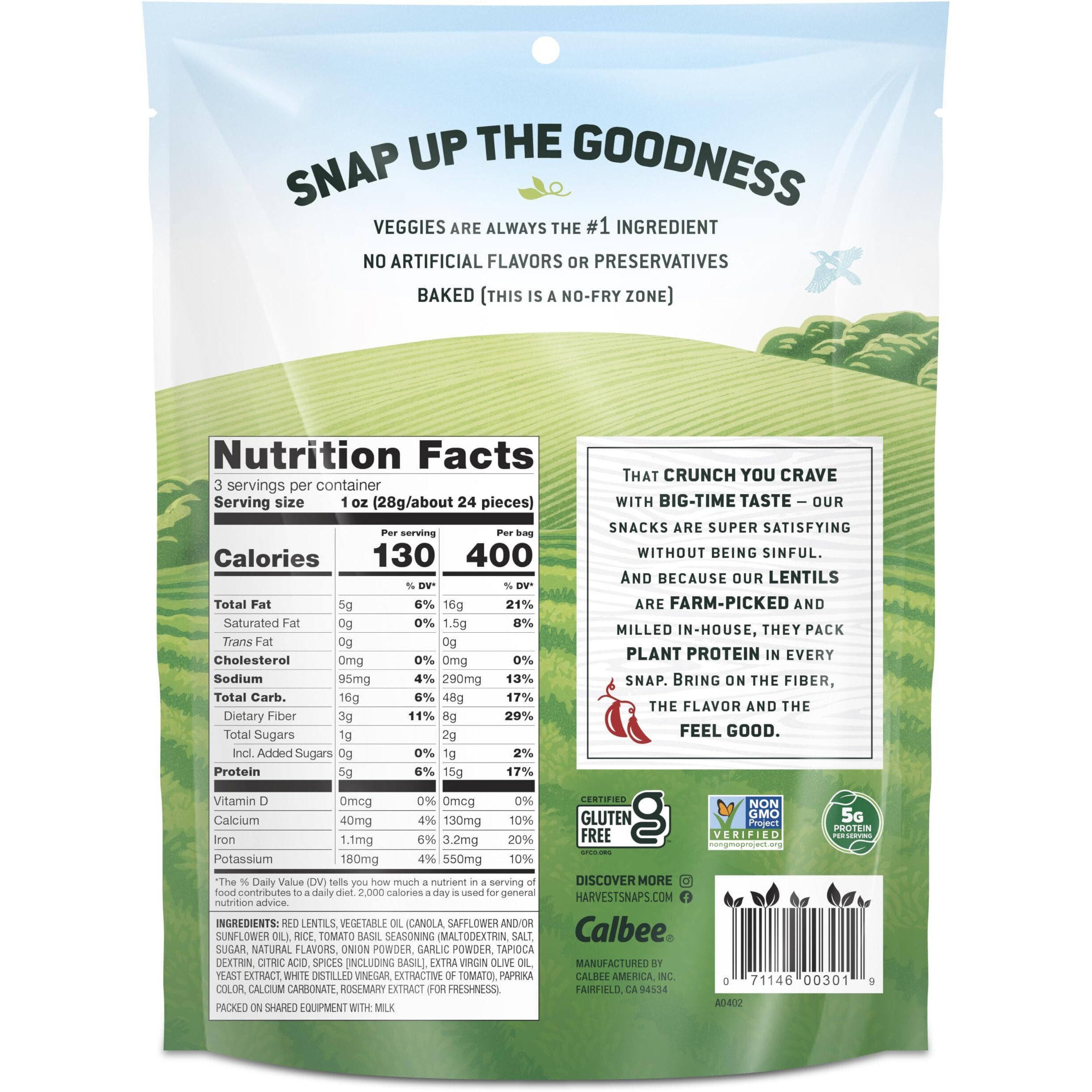 Harvest Snaps Veggie Chips (Tomato Basil Snack Crisps) | Powered By Plant Protein, Gluten Free, Non-Gmo Baked Vegetable Crisps | Made In Usa (8 Snack Packs)