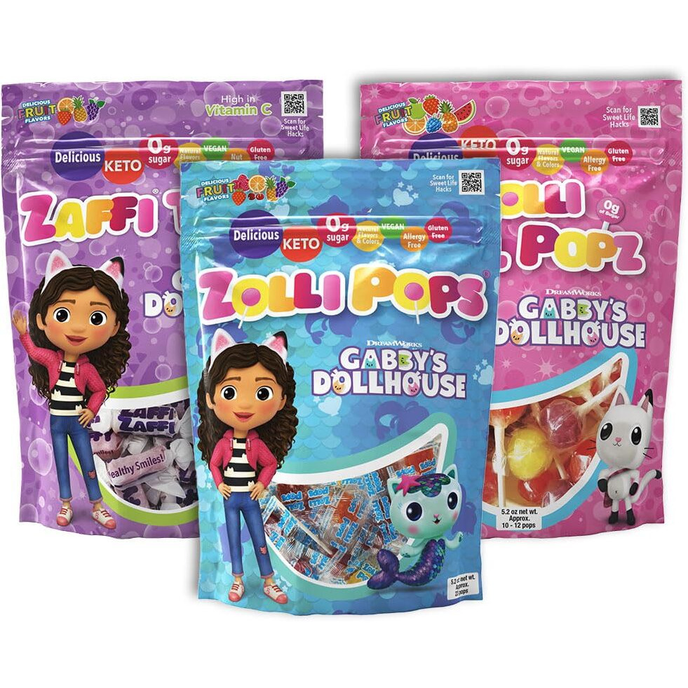 Zollipops Gabby's Dollhouse Variety Pack - Mixed Fruit Flavored Lollipops, Ball Popz, And Zaffi Taffy - Three 5 Oz. Bags For Sweet And Fun Treats
