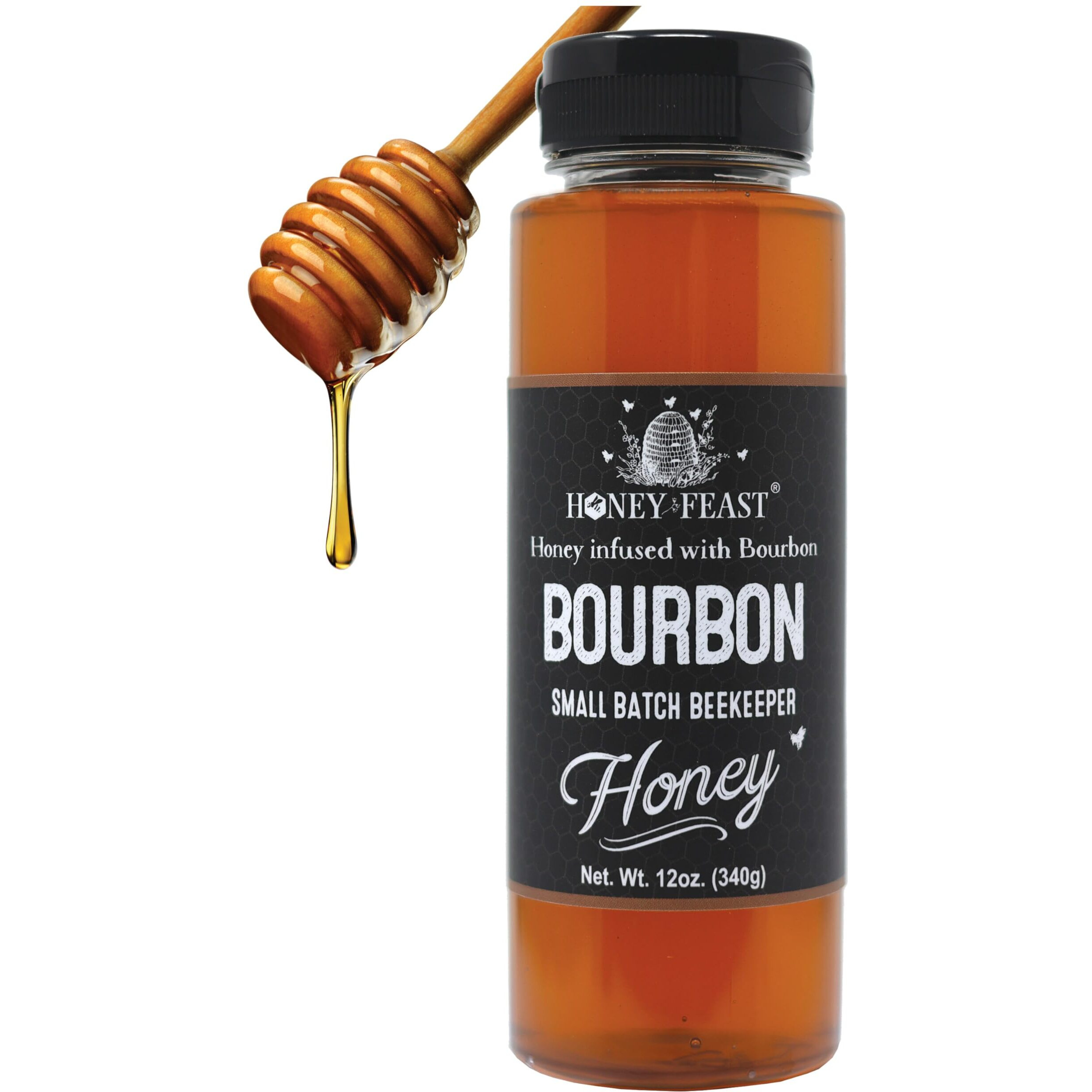 Honey Feast Bourbon Honey 12Oz | Artisanal Small Batch Raw Honey | Exquisite Bourbon-Infused Honey | Ideal For Bourbon Enthusiasts & Gourmets