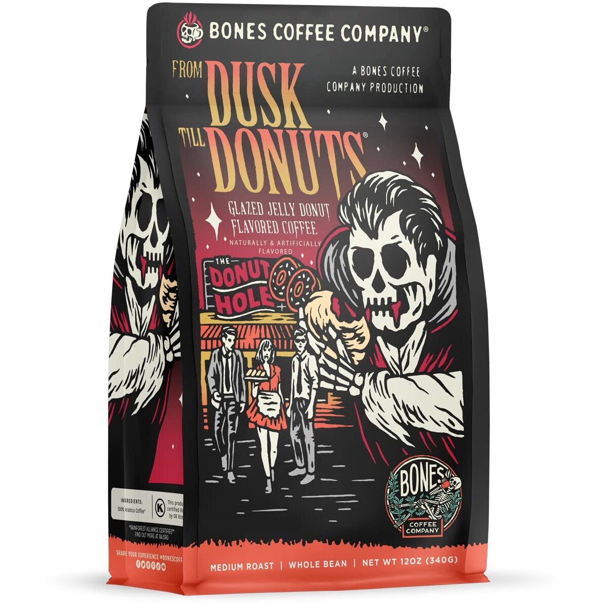 Bones Coffee Company From Dusk Till Donuts Whole Coffee Beans Jelly Donuts Flavor, Low Acid Flavored Coffee, Made With Arabica Coffee Beans, Medium Roast Coffee, Coffee Lover Gift Ideas (12 Oz)