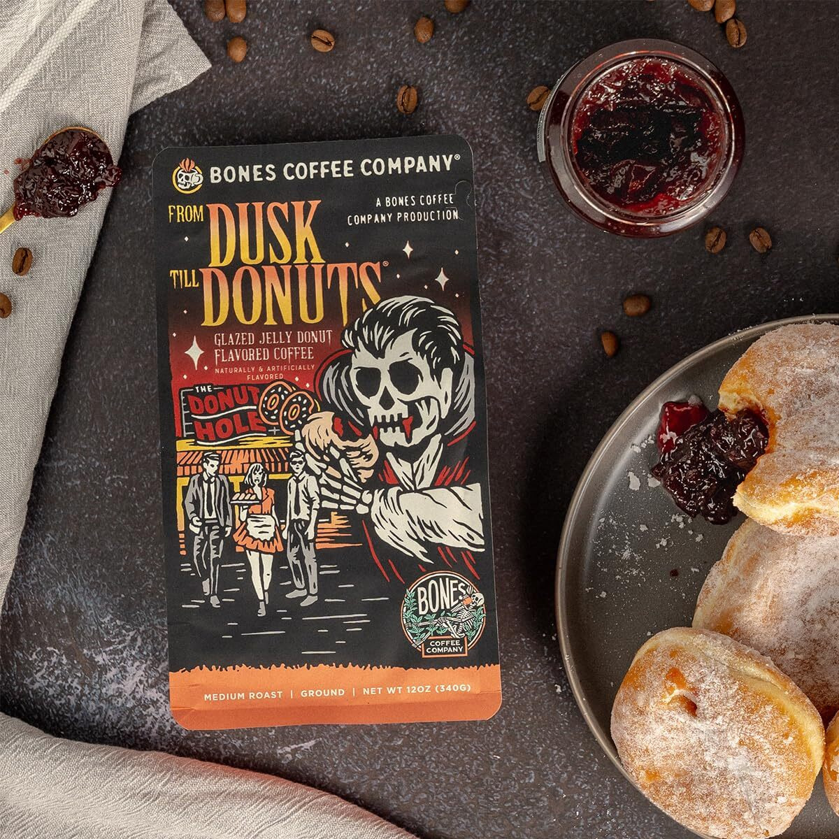 Bones Coffee Company From Dusk Till Donuts Whole Coffee Beans Jelly Donuts Flavor, Low Acid Flavored Coffee, Made With Arabica Coffee Beans, Medium Roast Coffee, Coffee Lover Gift Ideas (12 Oz)
