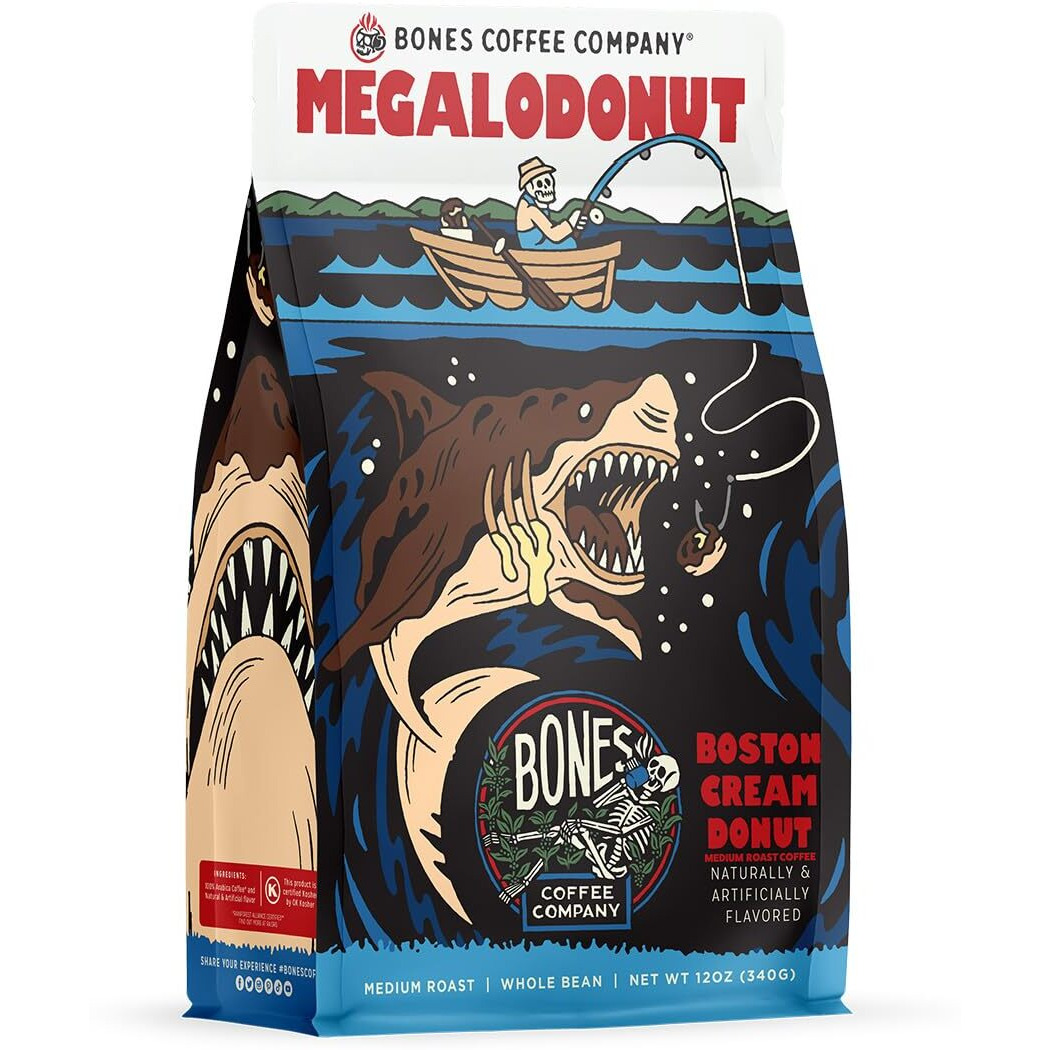 Bones Coffee Company Megalodonut Whole Coffee Beans Boston Cream Donut Flavor | 12 Oz Flavored Coffee Gifts Low Acid Medium Roast Gourmet Coffee (Whole Bean)