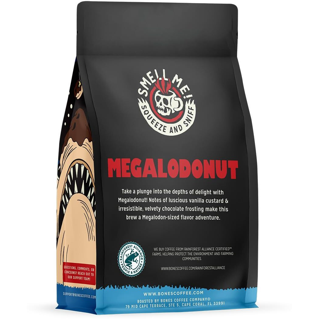 Bones Coffee Company Megalodonut Whole Coffee Beans Boston Cream Donut Flavor | 12 Oz Flavored Coffee Gifts Low Acid Medium Roast Gourmet Coffee (Whole Bean)