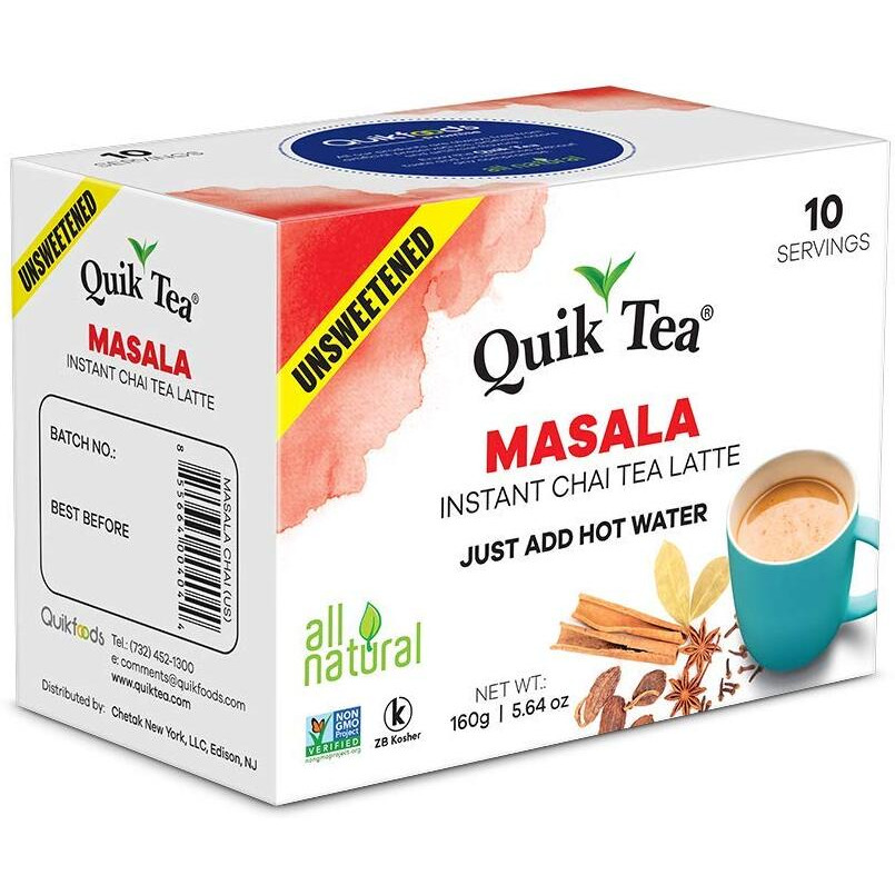 Quiktea Unsweetened Masala Chai Tea Latte - 10 Count Single Box - All Natural Preservative Free Authentic Chai