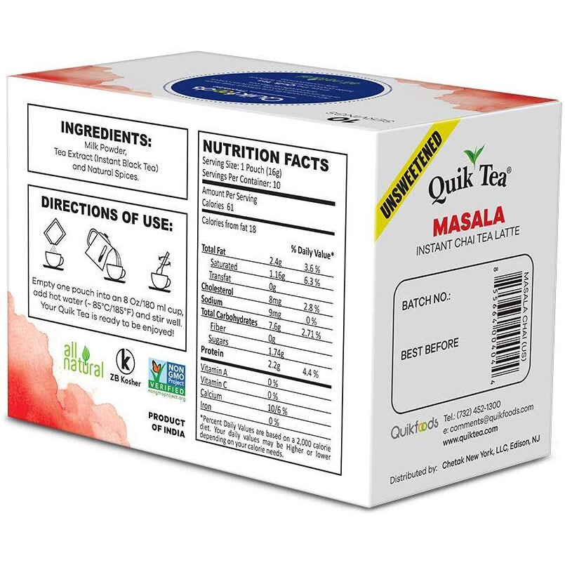 Quiktea Unsweetened Masala Chai Tea Latte - 10 Count Single Box - All Natural Preservative Free Authentic Chai