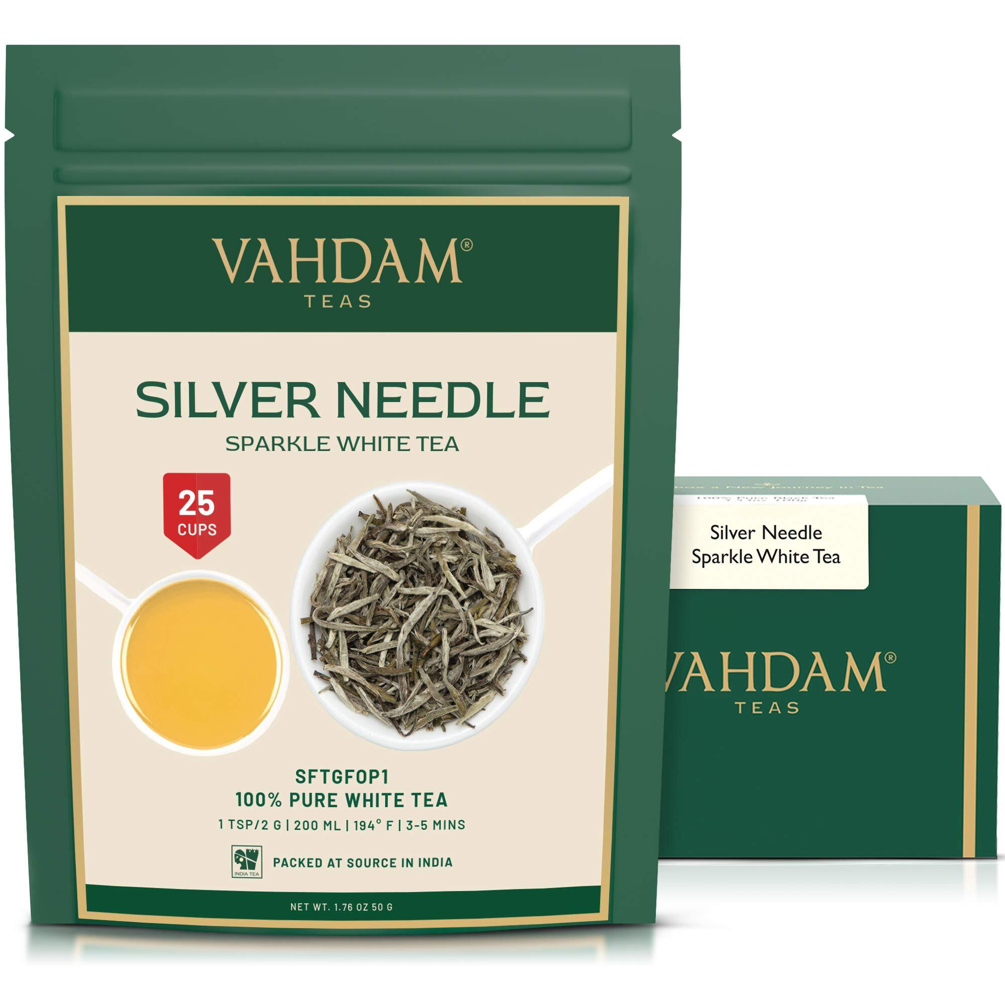 Vahdam, Silver Needle White Tea Loose Leaf (25 Cups/1.76Oz) Gluten Free | Pure Unblended Loose Leaf Tea | Vacuum Sealed | Brew As Hot Tea, Iced Tea Or Kombucha Tea