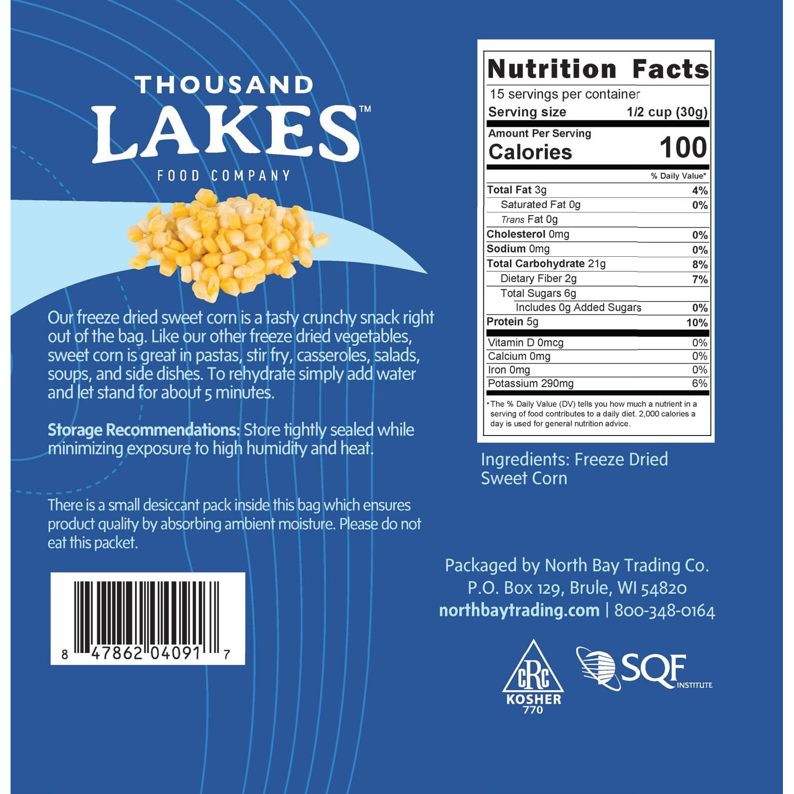 Thousand Lakes Freeze Dried Vegetables - Sweet Corn - Bulk 1 Pound (16 Ounces) | 100% Whole Sweet Corn Kernels | No Added Sugar Or Salt