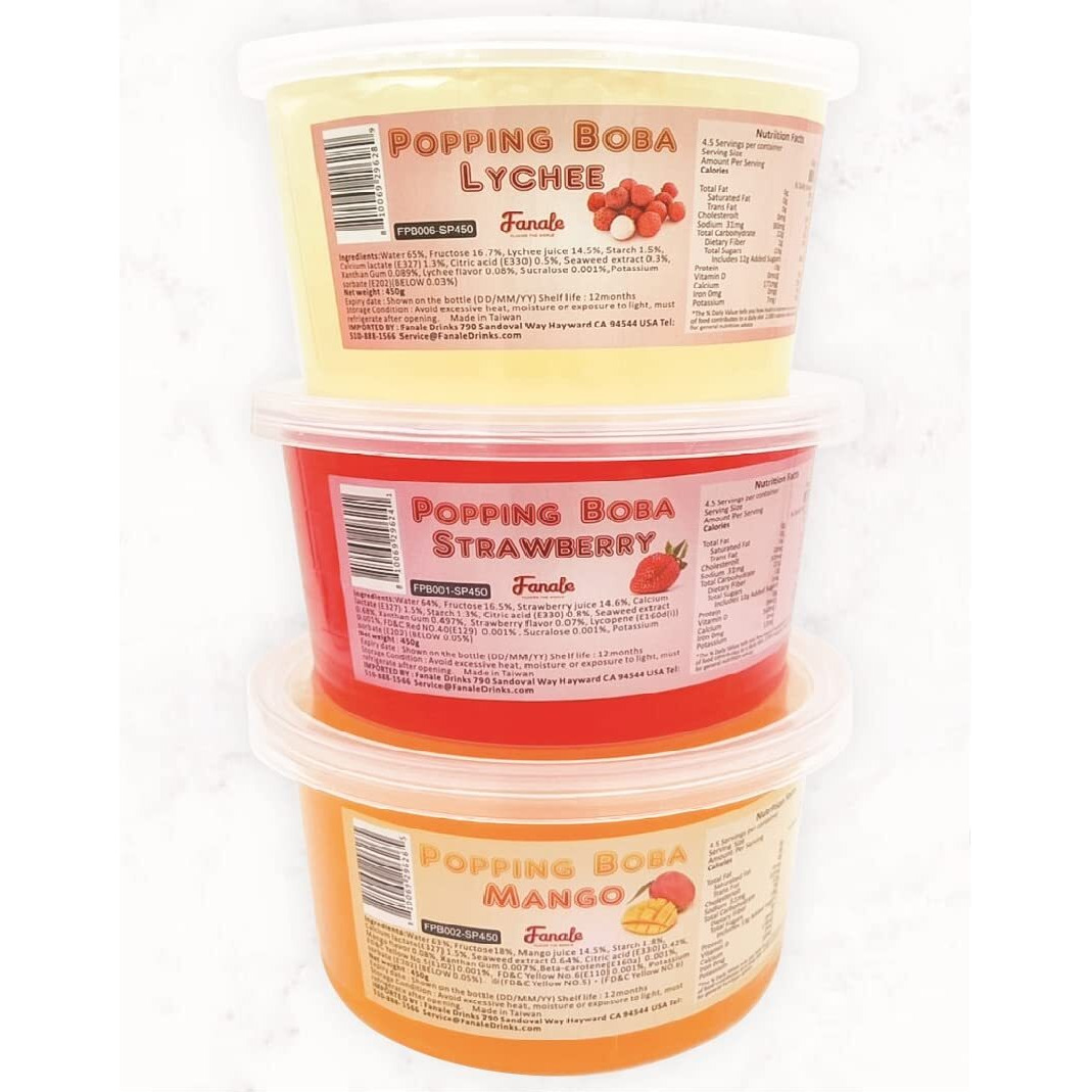Fanale Popping Boba Pearls For Bubble Tea - 3 Lb (1 Lb X 3) | Strawberry Mango Lychee | Bursting Boba Pearls Bubble 450G X 3 | Fruit Juice Flavor For Shakes, Dessert, Smoothie | Fpb001/002/006-Sp450