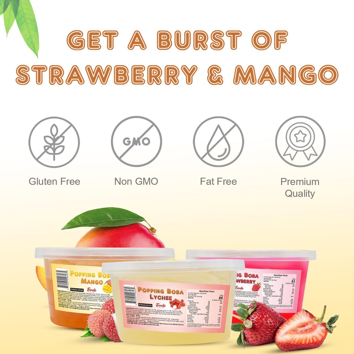 Fanale Popping Boba Pearls For Bubble Tea - 3 Lb (1 Lb X 3) | Strawberry Mango Lychee | Bursting Boba Pearls Bubble 450G X 3 | Fruit Juice Flavor For Shakes, Dessert, Smoothie | Fpb001/002/006-Sp450
