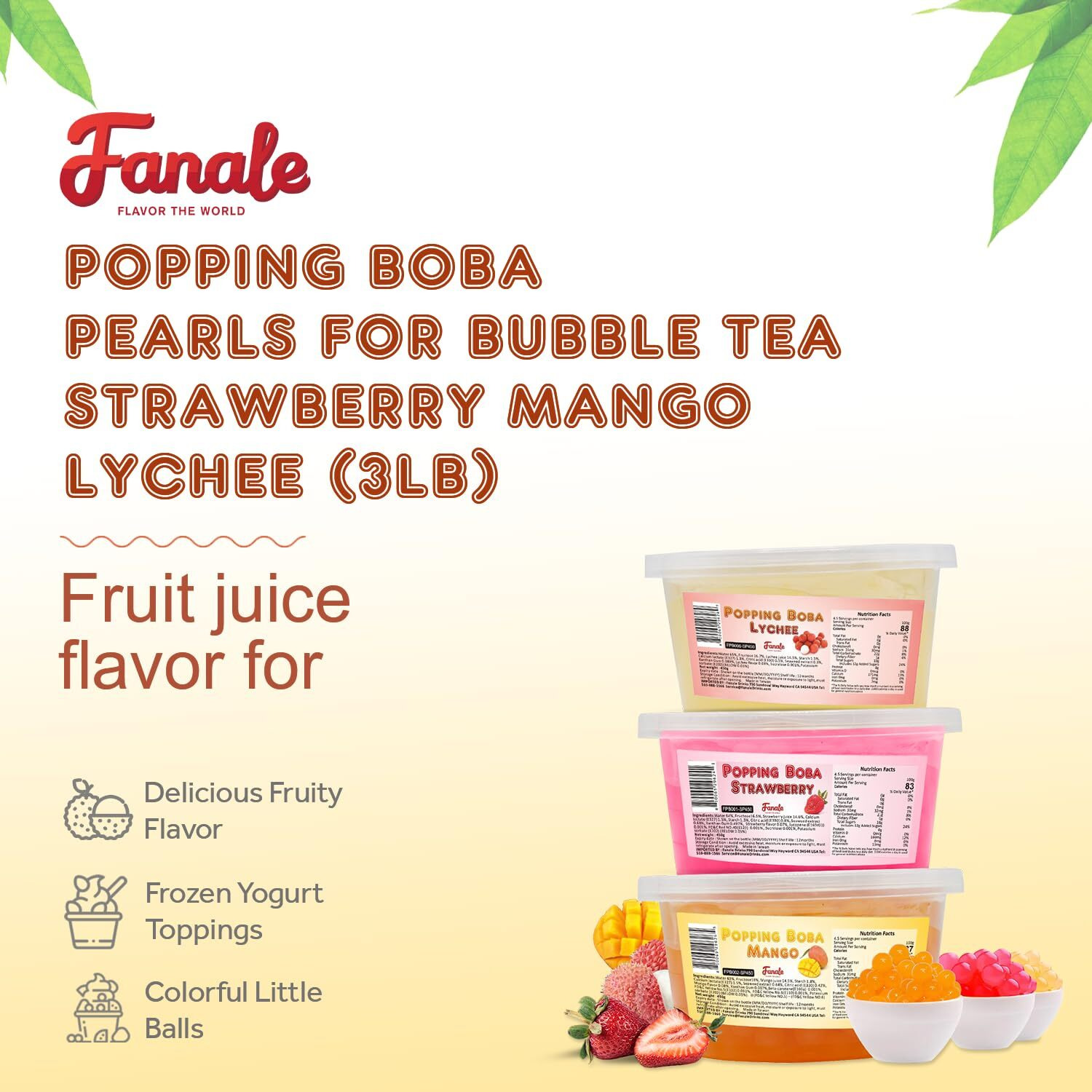 Fanale Popping Boba Pearls For Bubble Tea - 3 Lb (1 Lb X 3) | Strawberry Mango Lychee | Bursting Boba Pearls Bubble 450G X 3 | Fruit Juice Flavor For Shakes, Dessert, Smoothie | Fpb001/002/006-Sp450