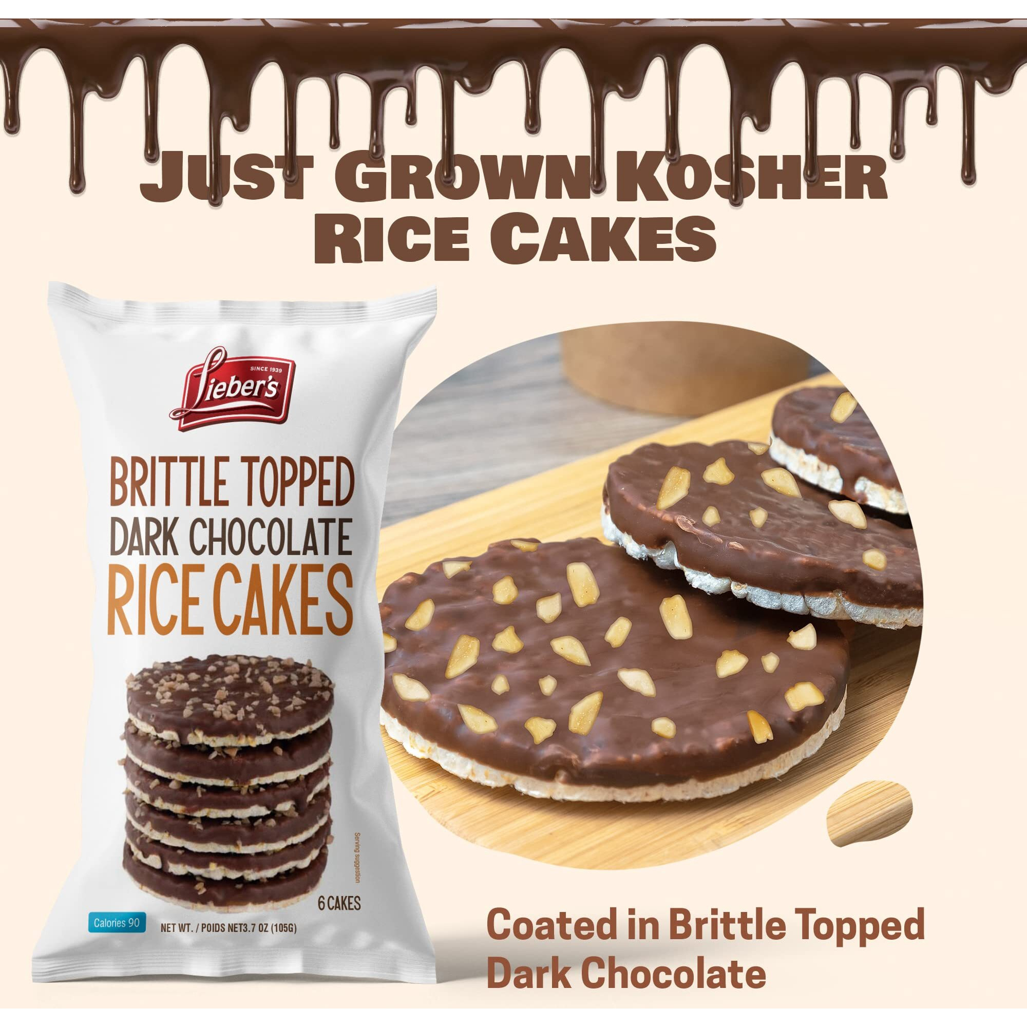Liebers Thin Chocolate Rice Cakes, Kosher Certified Dairy And Dairy Free Options, Gluten Free Snack (Brittle Topped Dark Chocolate)