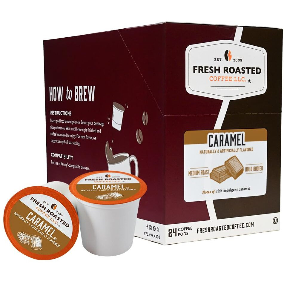 Fresh Roasted Coffee, Caramel, Flavored Coffee Pods, 24 Count