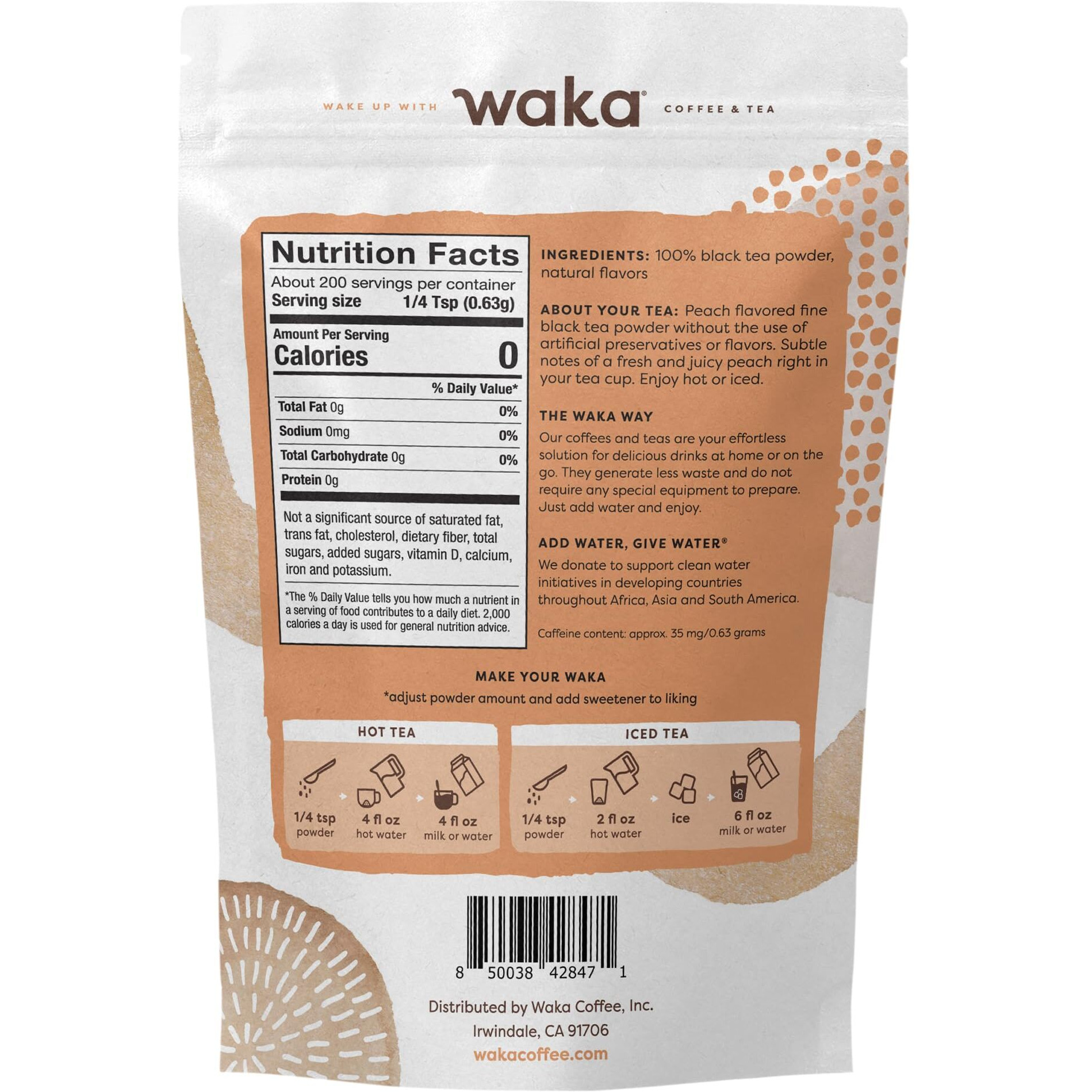 Waka Instant Black Tea Mix, Peach Flavored - 100% Tea Leaves, No Additives, Unsweetened Tea Powder In Bulk Pouch - Easy Quick Hot And Iced Teas, Up To 200 Cups (4.5Oz)