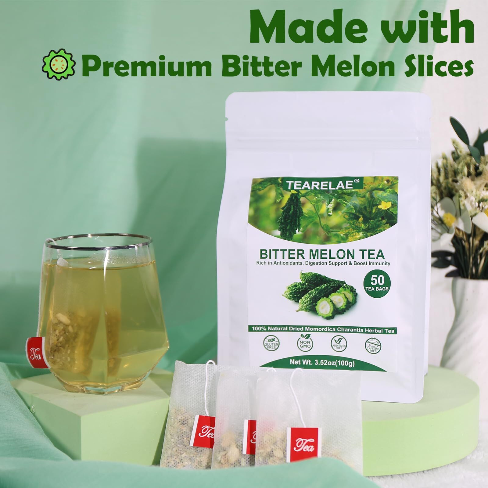 Tearelae - Bitter Melon Tea Bags - 2G X 50 Count - 100% Pure Natural Cut & Sifted Dried Momordica Charantia Slices Herbal Tea - Non-Gmo - Caffeine-Free - Pleasantly Bitter Flavor