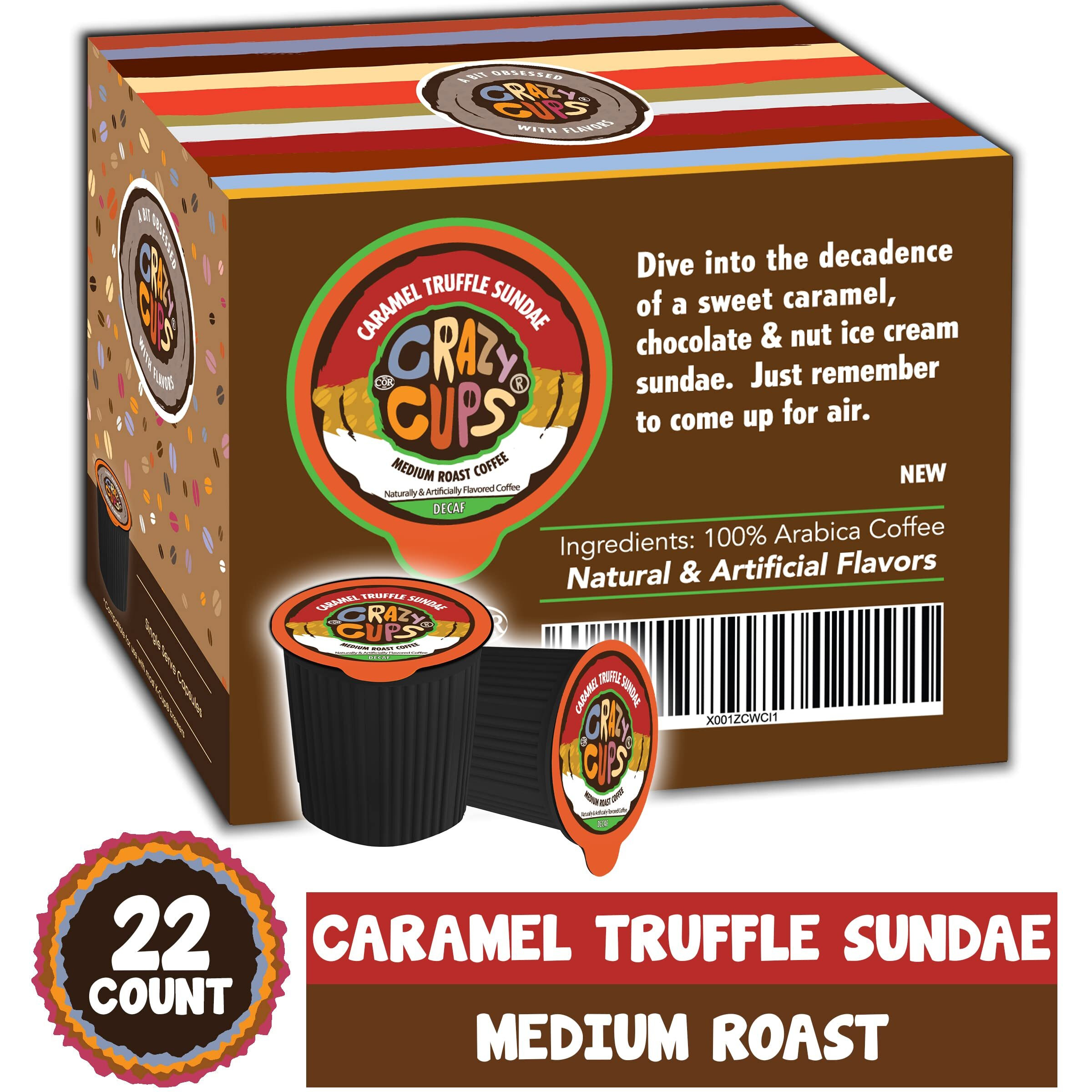 Crazy Cups Decaf Flavored Coffee Pods, Decaffeinated Sundae Truffle Coffee, Single Serve Hot Or Iced Medium Roast Coffee For Keurig K Cups Machines, 22 Count