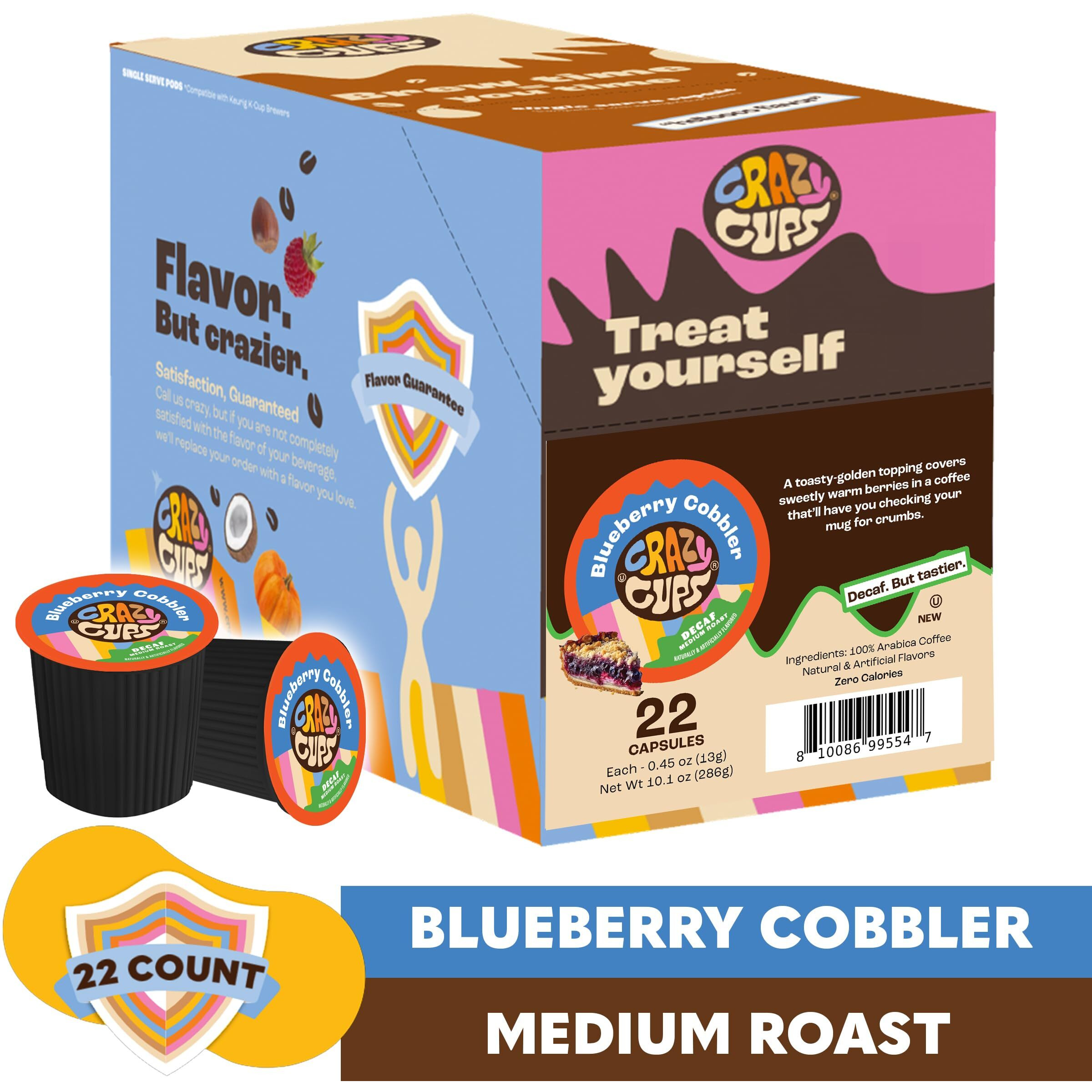 Crazy Cup Decaf Flavored Coffee Pods, Decaf Blueberry Coffee Pods, Blueberry Cobbler Hot Or Iced Coffee In Recyclable Single Serve Cups For Keurig K Cups Machines, 22 Count