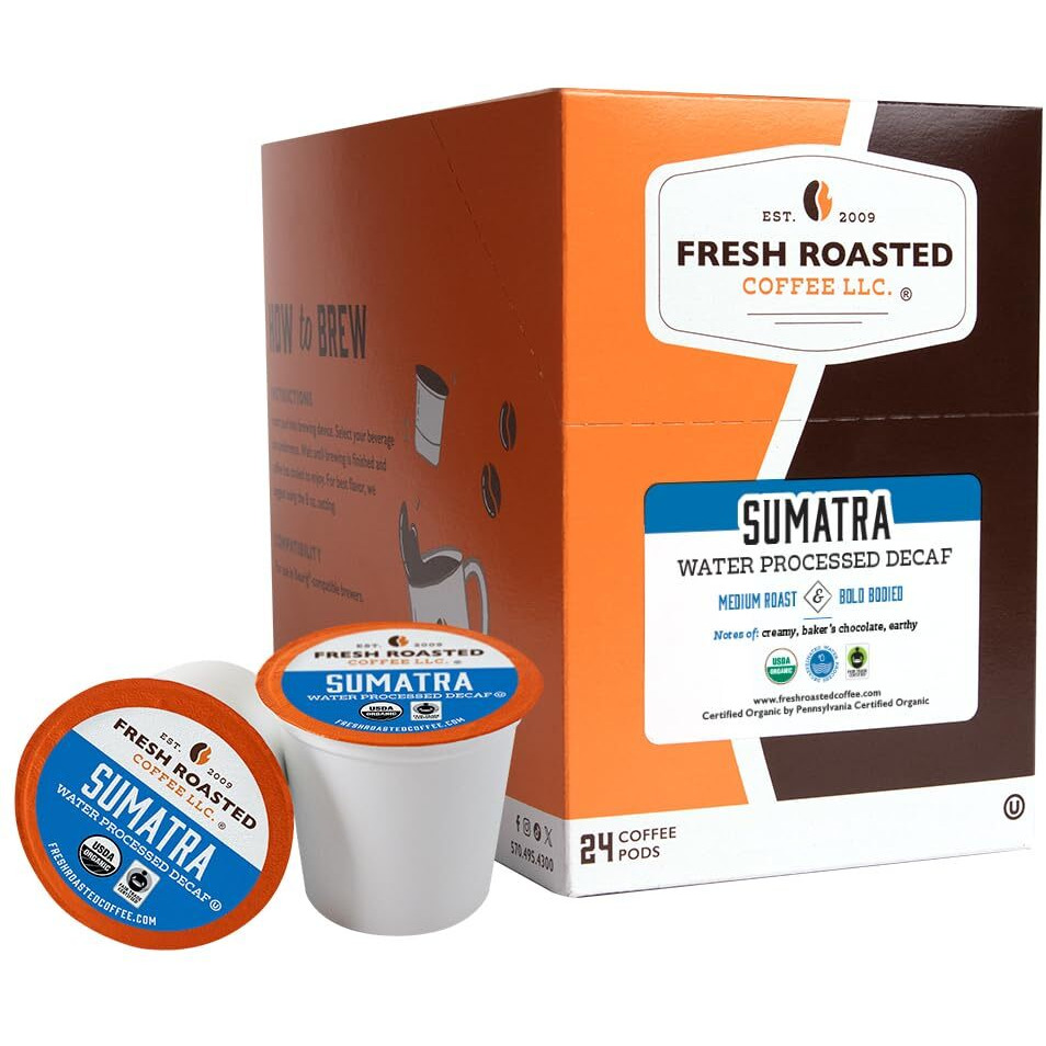 Fresh Roasted Coffee,100% Organic Sumatra Water-Processed Decaf | Single Origin | Medium Roast | Rfa Kosher | K-Cup Compatible | 24 Pods