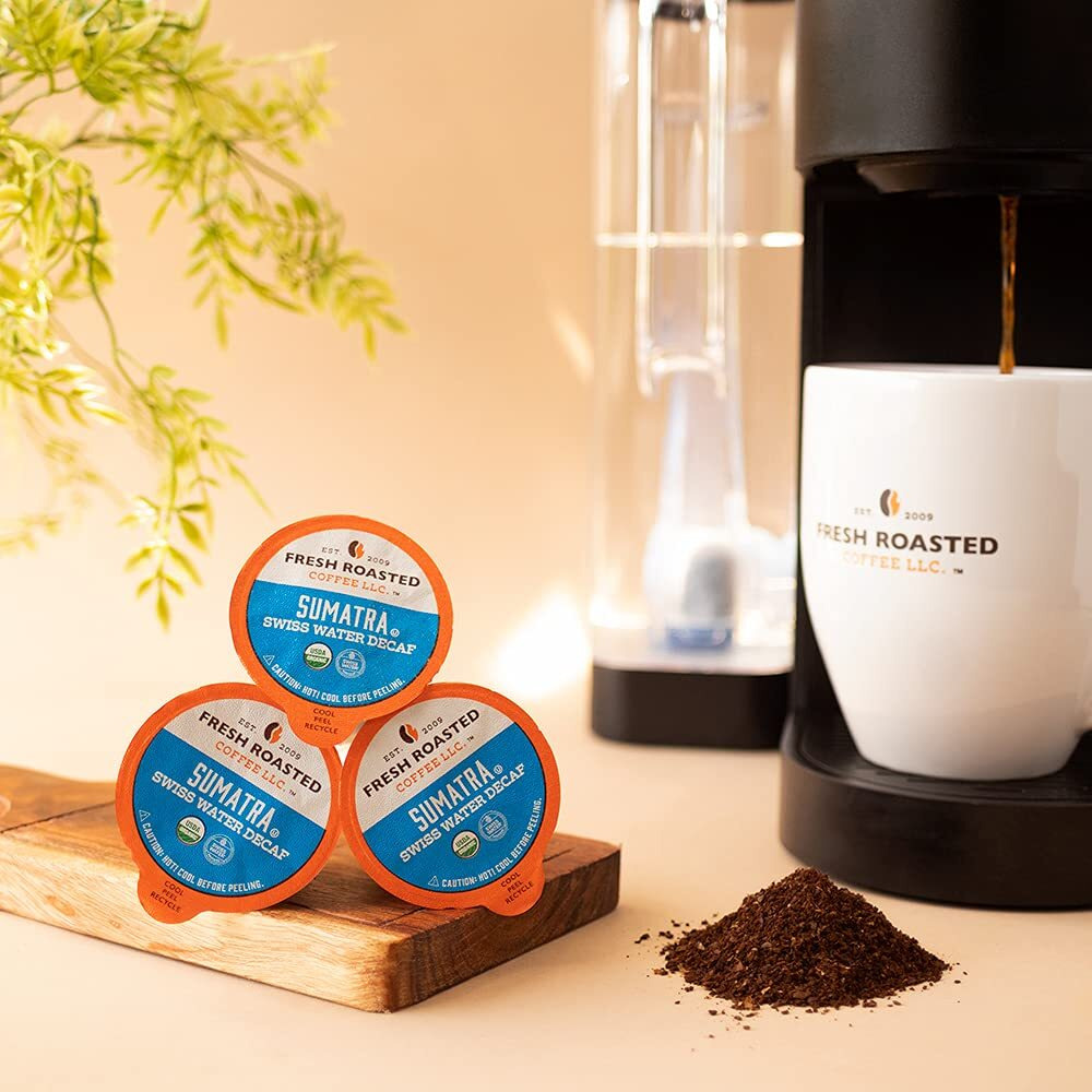 Fresh Roasted Coffee,100% Organic Sumatra Water-Processed Decaf | Single Origin | Medium Roast | Rfa Kosher | K-Cup Compatible | 24 Pods