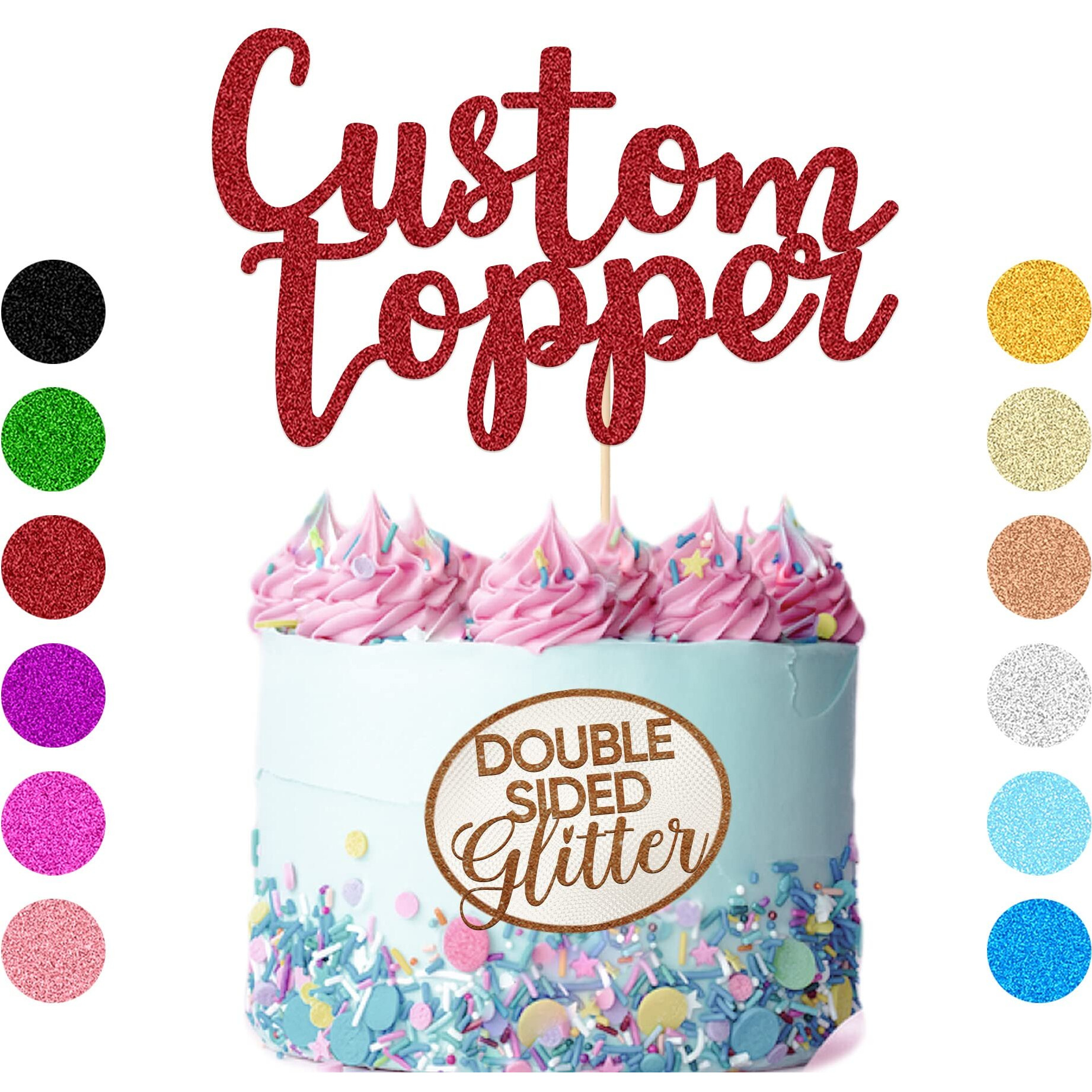 Personalized Cake Topper Birthday Cake Toppers 11 Colours Wedding Cake Topper With Any Text Numbers Double Sided Glitter Cake Decoration For Anniversary Baby Shower(Red)