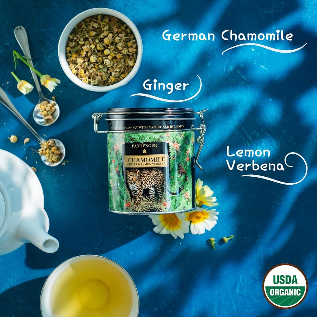 Organic German Chamomile & Ginger Herbal Tea | Loose Leaf Tea - 40 Servings | Calming And Digestive Caffeine Free Herbal Tea | By Pantenger