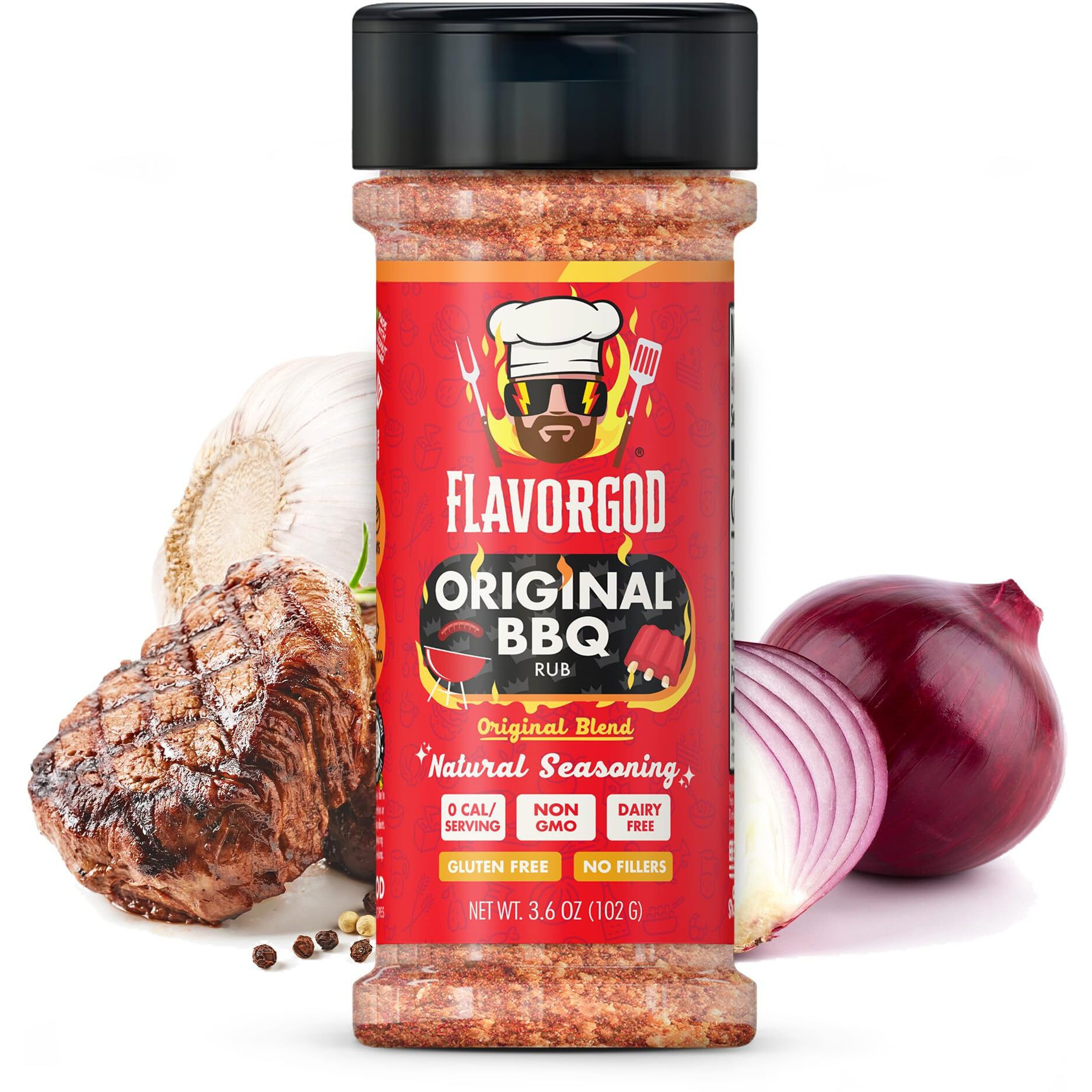Original Bbq Rub Mix By Flavor God - Premium All Natural & Healthy Spice Blend For Grilling Chicken, Wings, Beef, Pork, Bacon, Eggs, Seafood, Vegetables, Salad, Tacos, Pizza - Kosher, Gluten-Free, Dairy-Free, Vegan Steak Rub