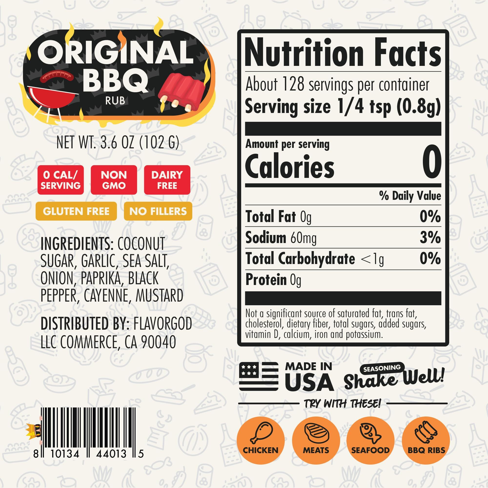 Original Bbq Rub Mix By Flavor God - Premium All Natural & Healthy Spice Blend For Grilling Chicken, Wings, Beef, Pork, Bacon, Eggs, Seafood, Vegetables, Salad, Tacos, Pizza - Kosher, Gluten-Free, Dairy-Free, Vegan Steak Rub
