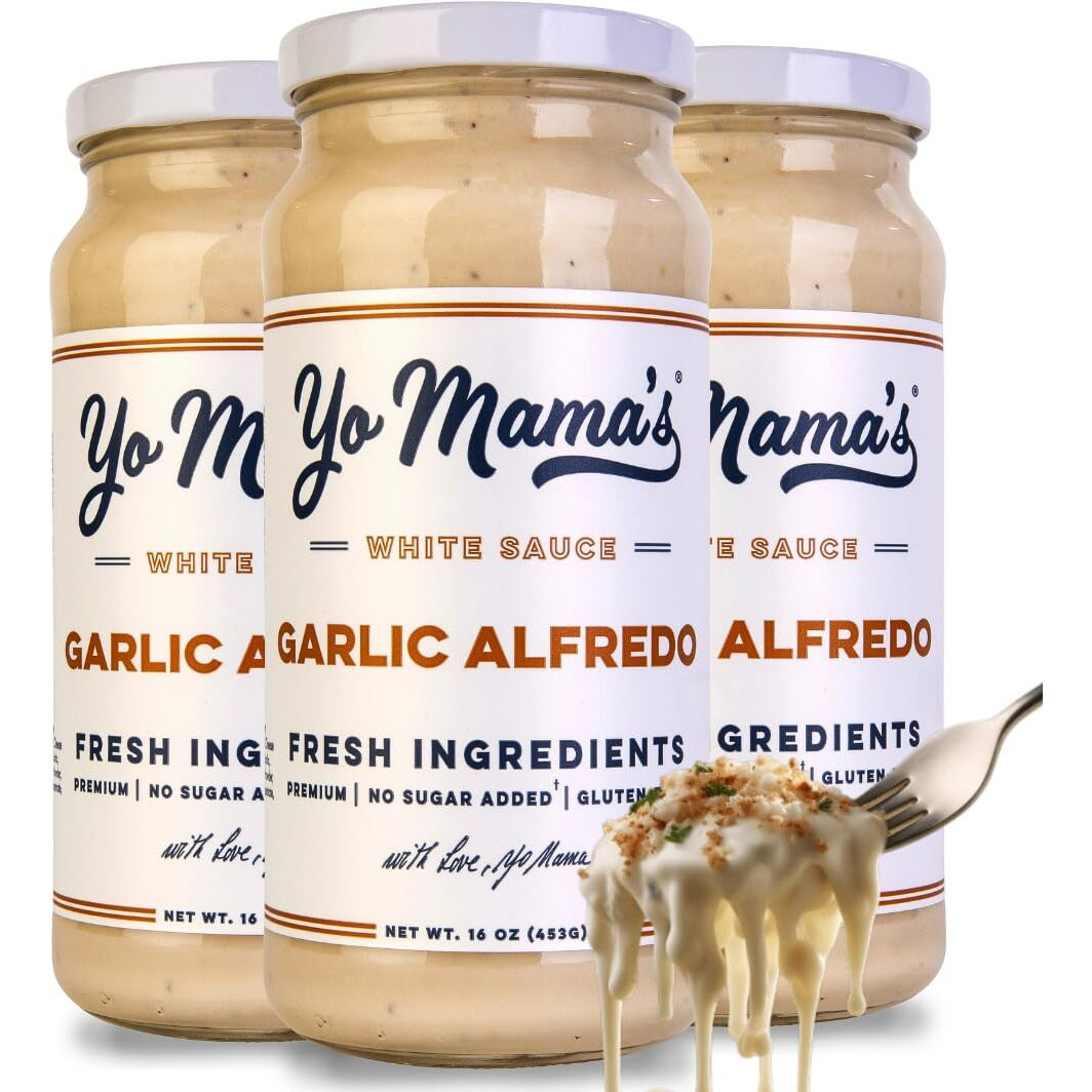 Yo Mamas Foods Gourmet Keto Garlic Alfredo Pasta Sauce | (3) 16 Ounce Glass Bottles | Our Garlic Sauce Is Low Carb, Paleo, Gluten Free, Low Calorie And Is Made With Only The Freshest Ingredients