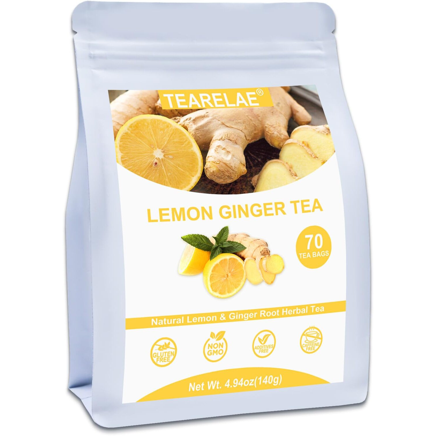 Tearelae - Lemon Ginger Tea Bags, 70 Count - Natural & Pure Herbal Tea With Ginger Root, Lemon, Lemongrass - Non-Gmo - Caffeine-Free - Support Healthy Digestion