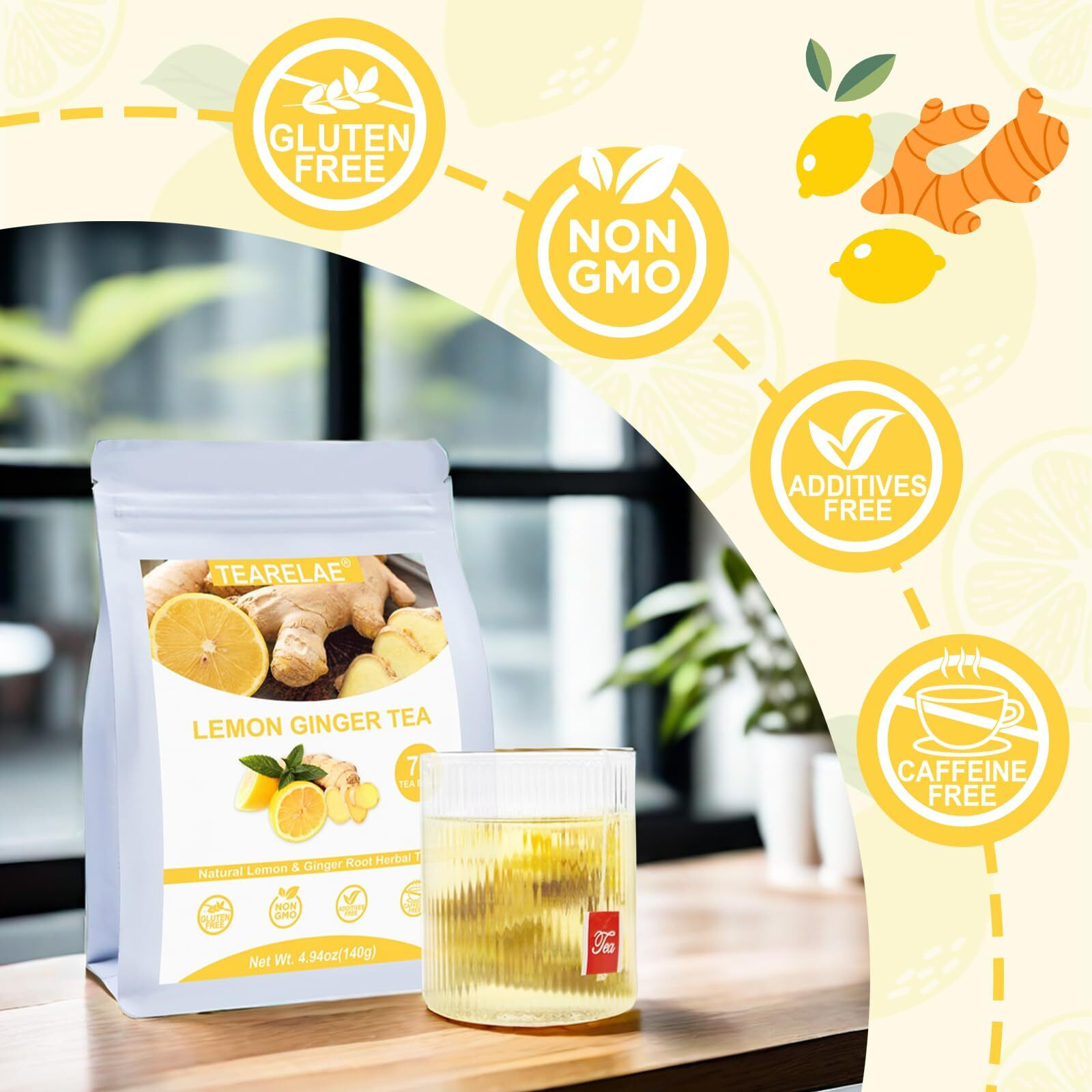 Tearelae - Lemon Ginger Tea Bags, 70 Count - Natural & Pure Herbal Tea With Ginger Root, Lemon, Lemongrass - Non-Gmo - Caffeine-Free - Support Healthy Digestion