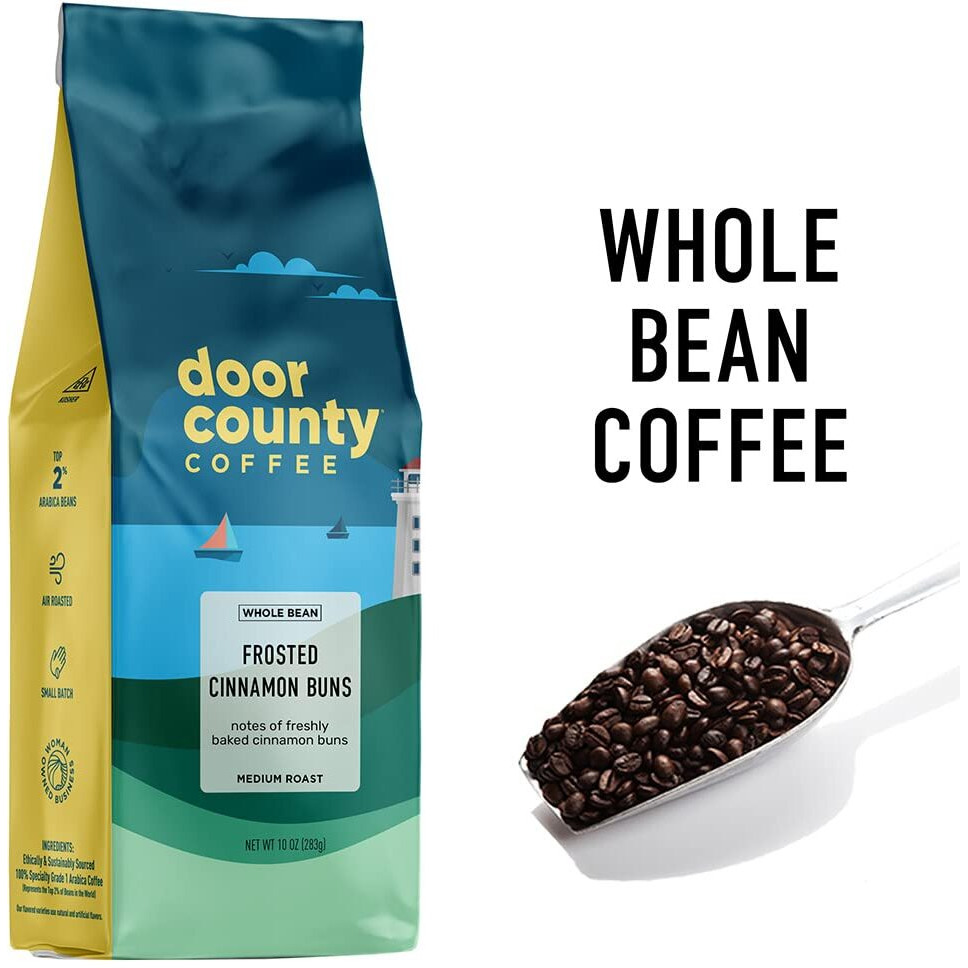Door County Coffee Frosted Cinnamon Buns Flavored Coffee Whole Bean | 10 Oz Bag | Flavored Whole Bean Medium Roast | 100% Specialty Arabica Coffee | Flavored Gourmet Coffee | Frosted Cinnamon Buns