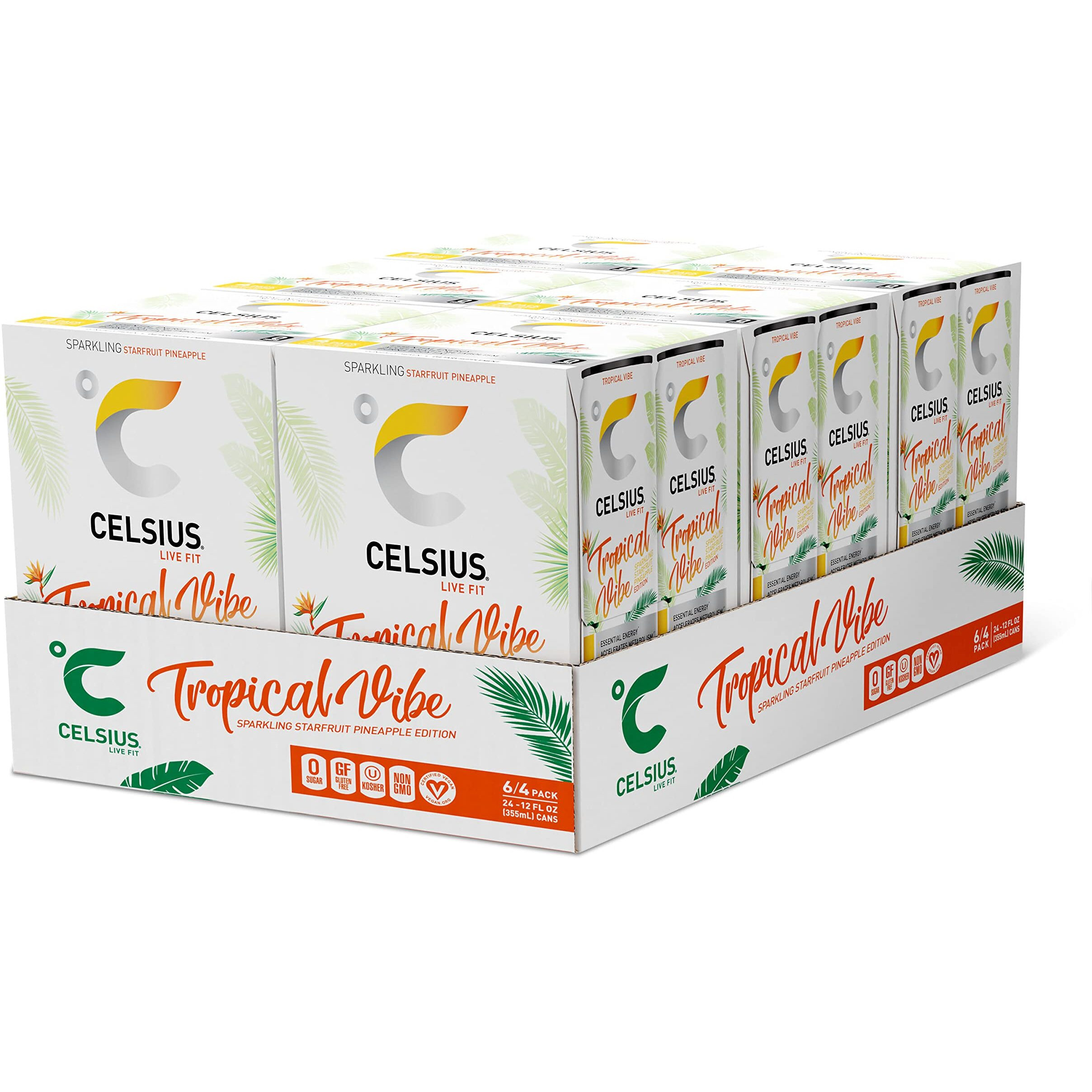 Celsius Sparkling Tropical Vibe, Functional Essential Energy Drink 12 Fl Oz (Pack Of 24)
