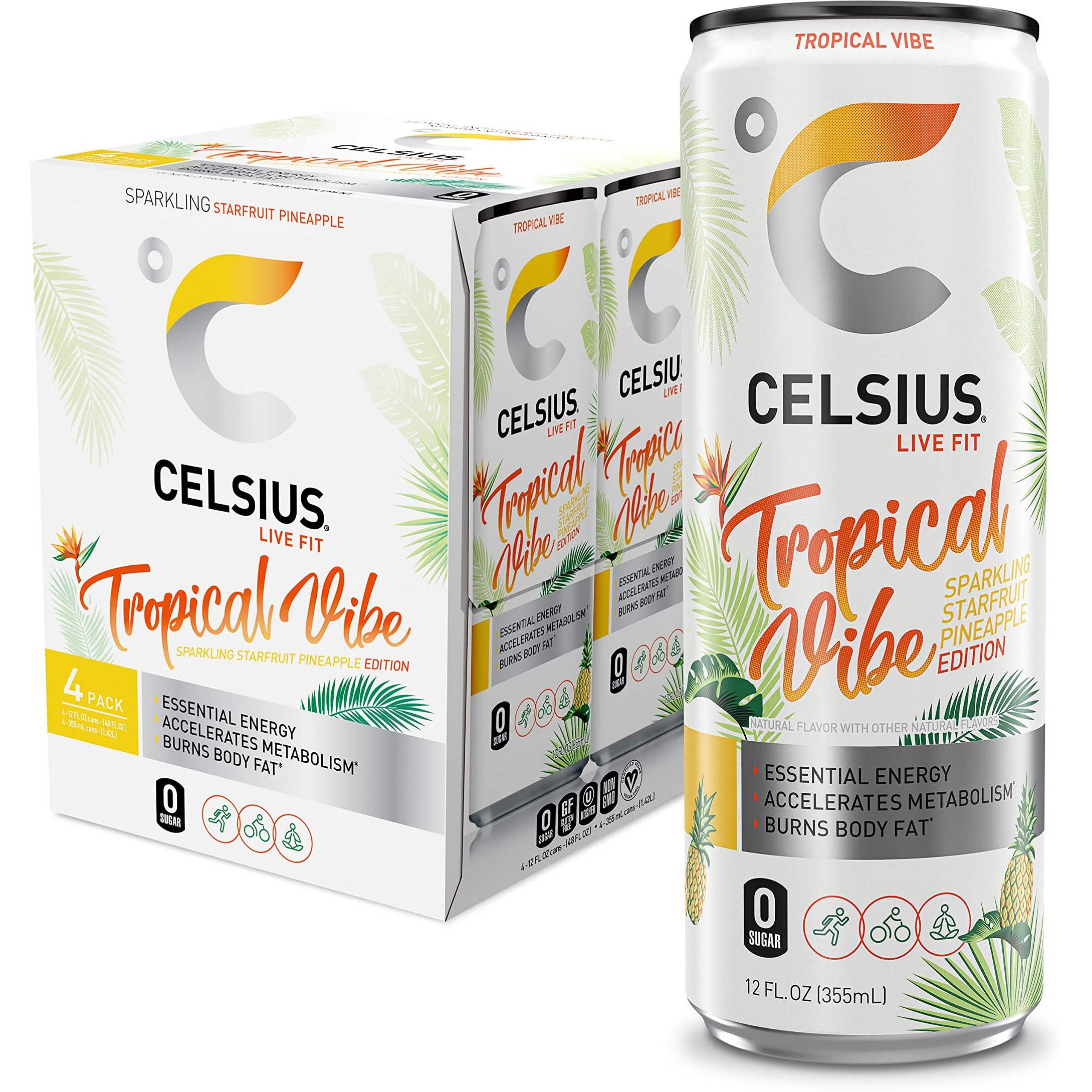 Celsius Sparkling Tropical Vibe, Functional Essential Energy Drink 12 Fl Oz (Pack Of 24)