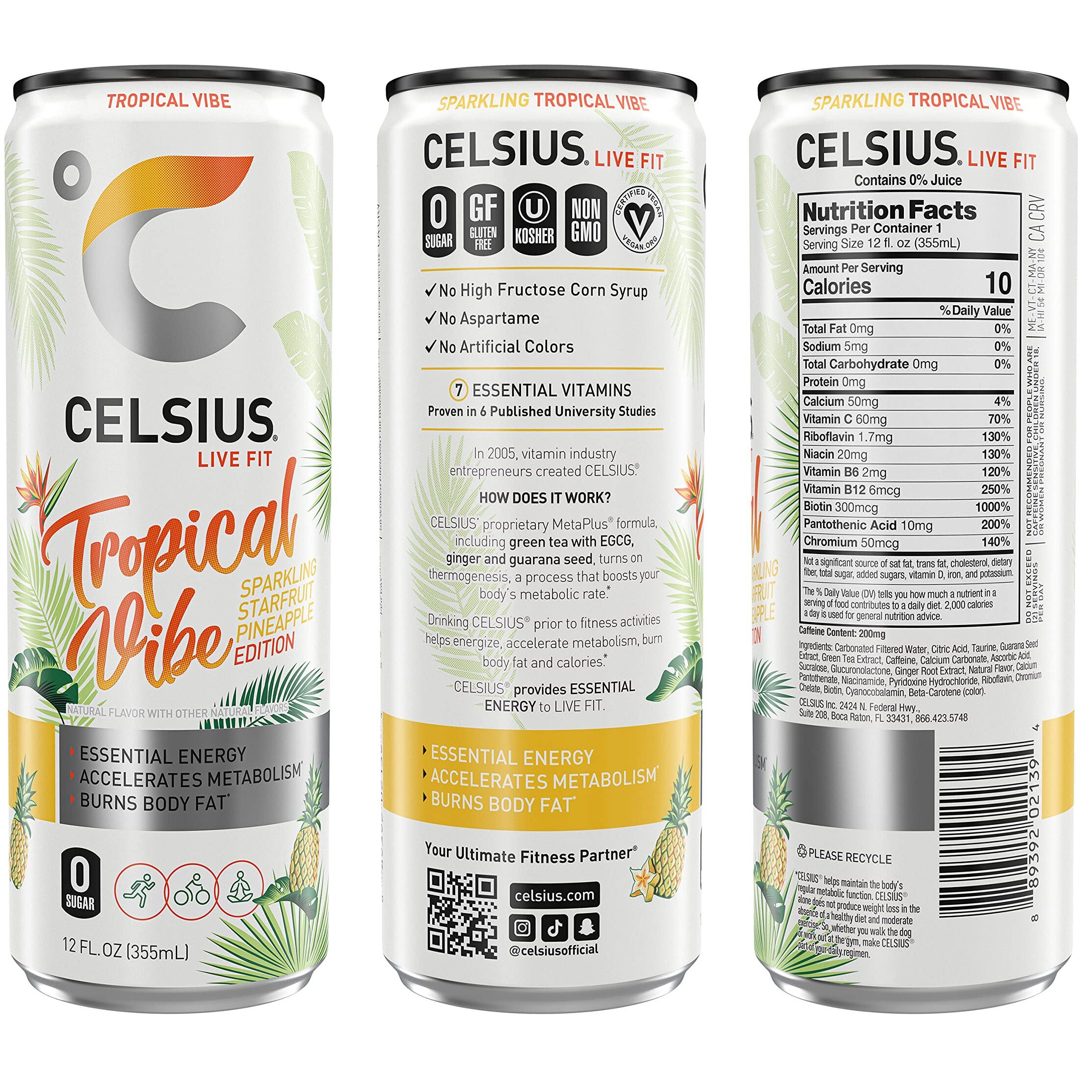 Celsius Sparkling Tropical Vibe, Functional Essential Energy Drink 12 Fl Oz (Pack Of 24)