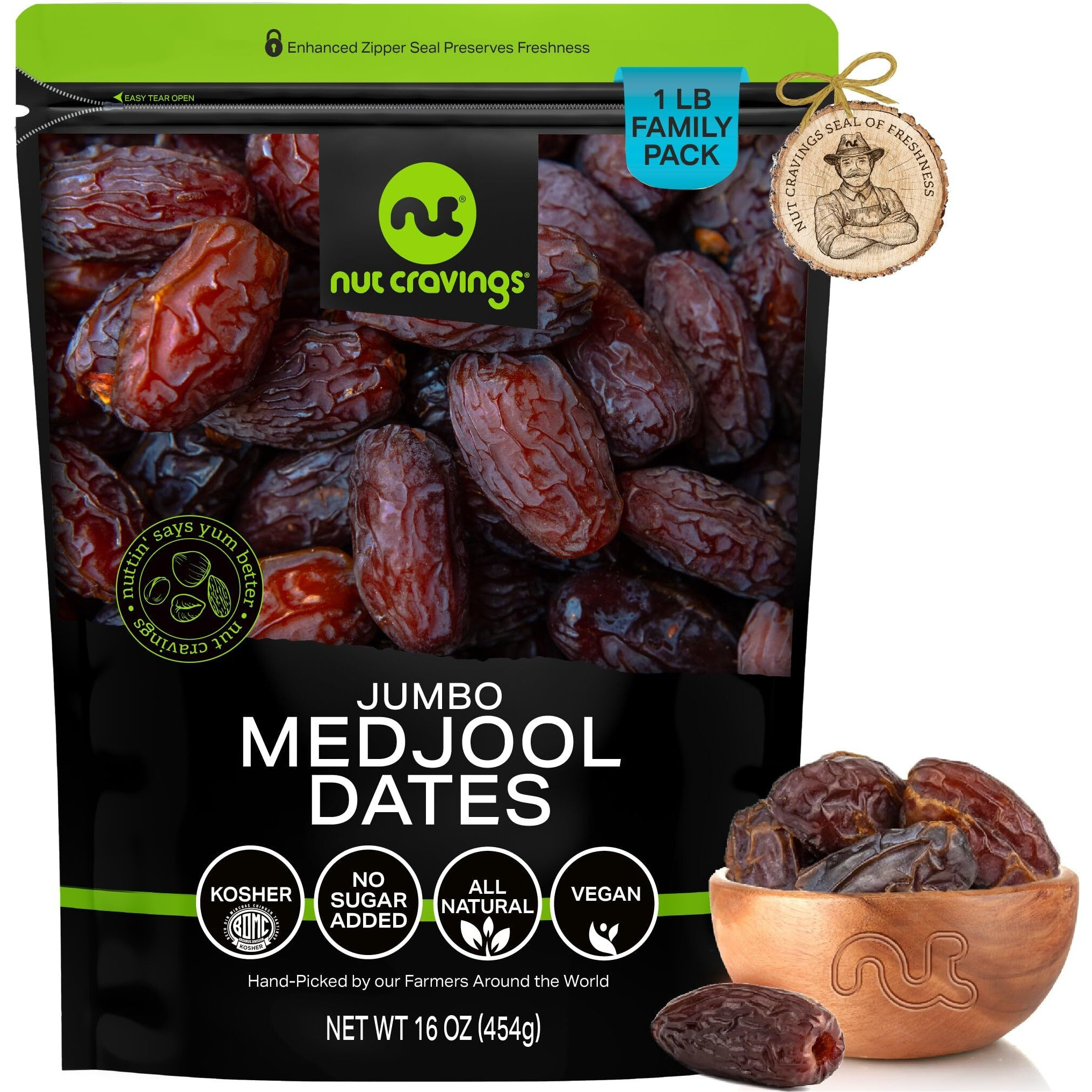 Nut Cravings Dry Fruits - Sun Dried Jumbo Medjool Dates, No Sugar Added (16Oz - 1 Lb) Packed Fresh In Resealable Bag - Sweet Snack, Healthy Food, All Natural, Vegan, Kosher Certified