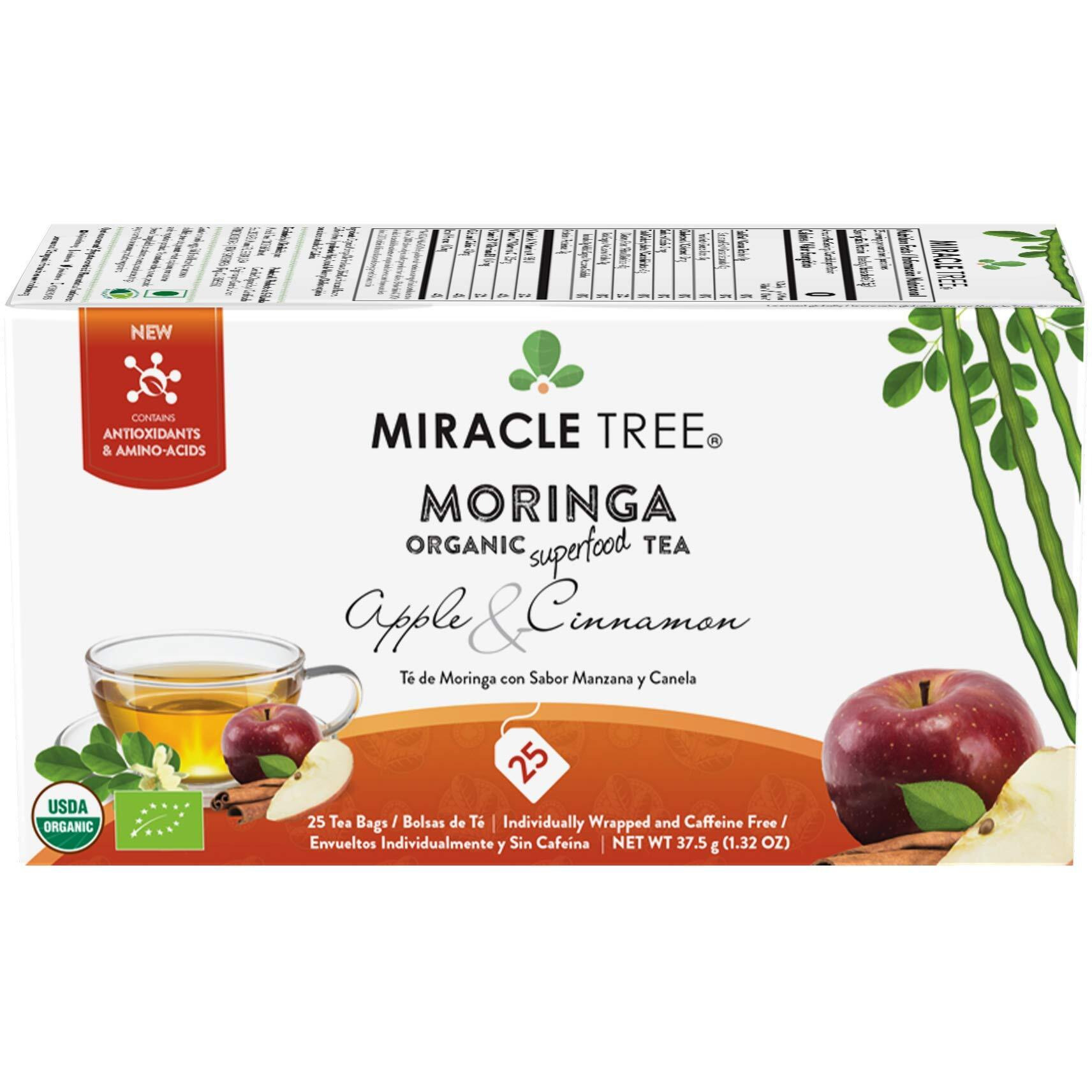 Miracle Tree - Organic Moringa Superfood Tea, 25 Individually Sealed Tea Bags, Apple & Cinnamon (Keto, Detox, Energy/Immunity Booster, Vegan, Gluten-Free, Organic, Non-Gmo, Caffeine-Free)