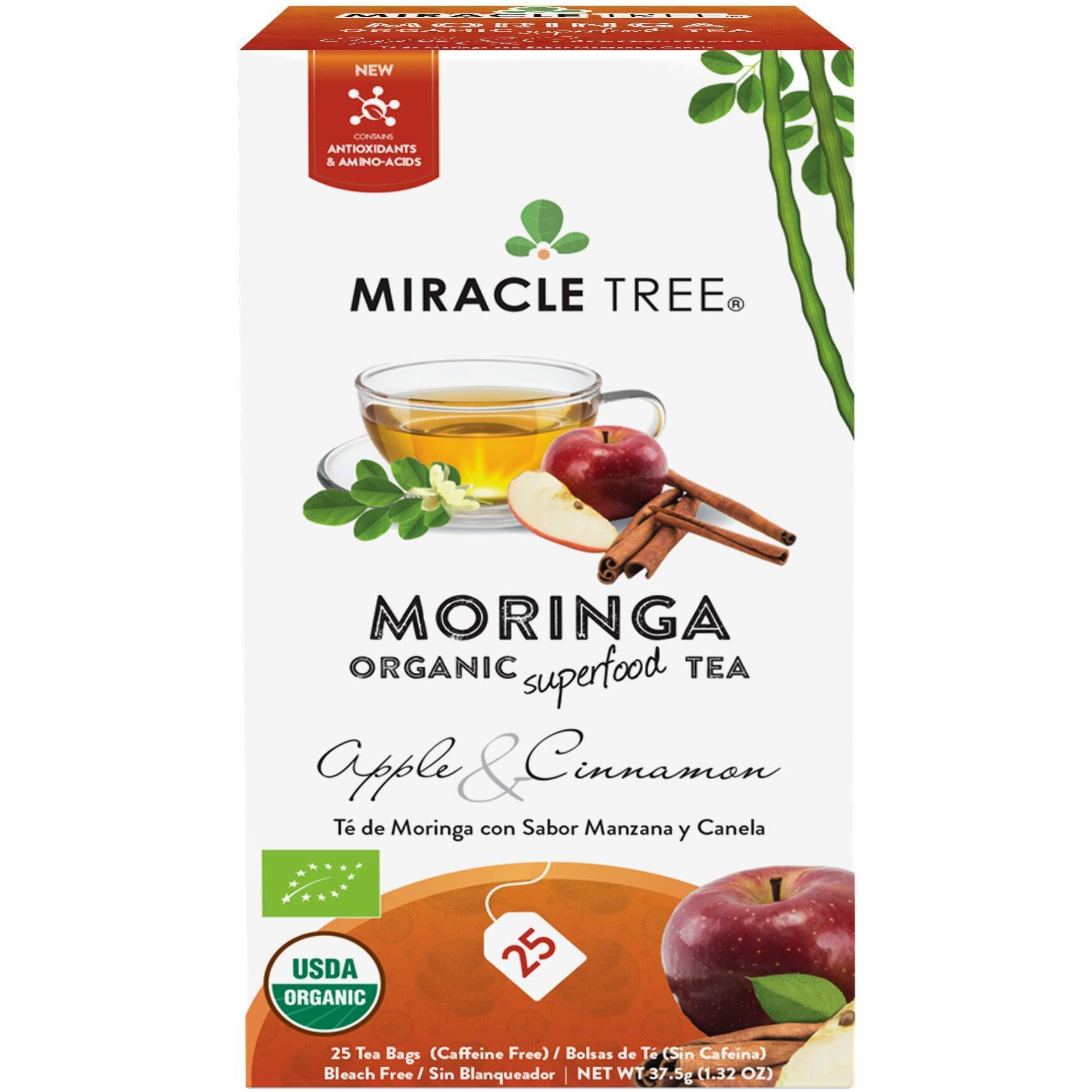 Miracle Tree - Organic Moringa Superfood Tea, 25 Individually Sealed Tea Bags, Apple & Cinnamon (Keto, Detox, Energy/Immunity Booster, Vegan, Gluten-Free, Organic, Non-Gmo, Caffeine-Free)