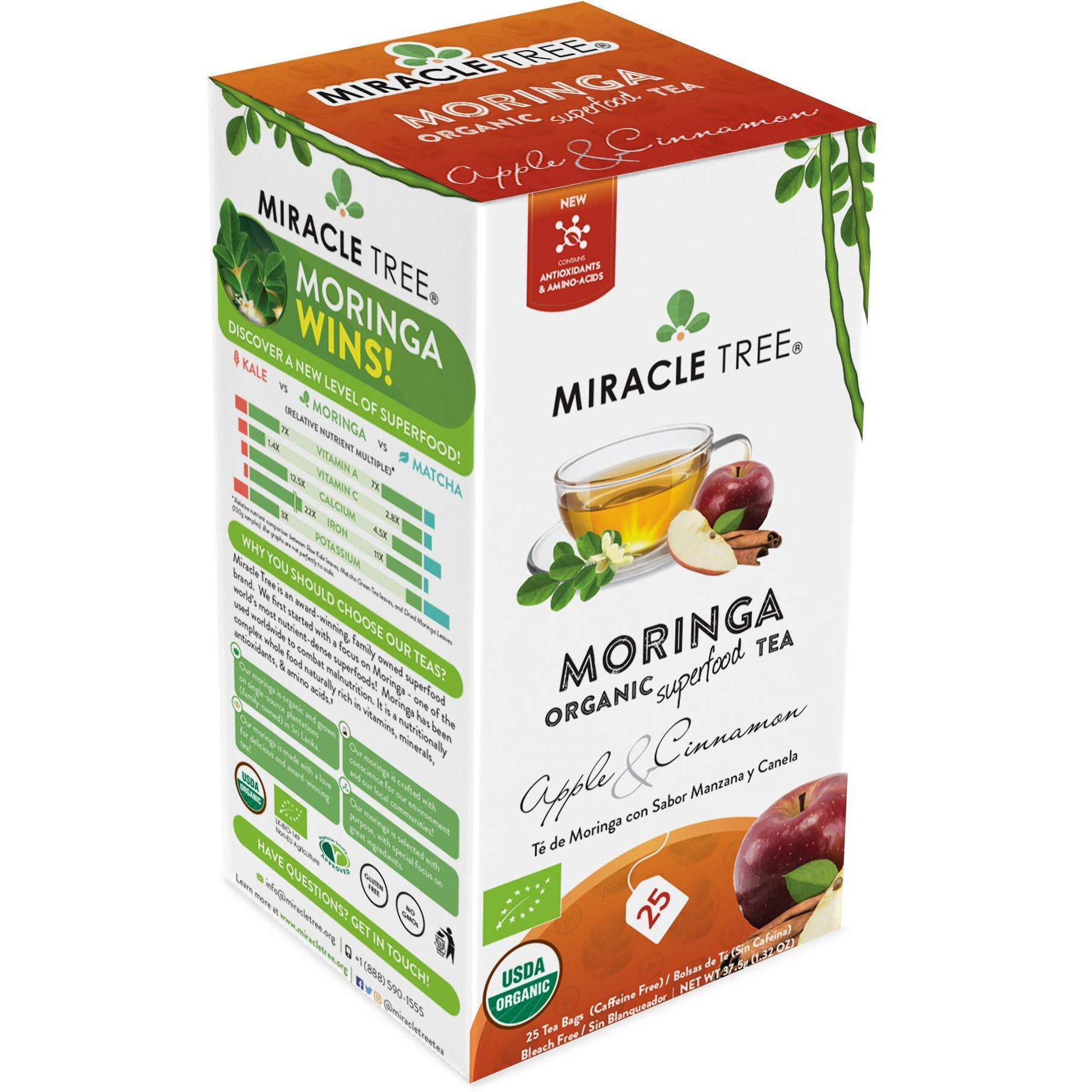 Miracle Tree - Organic Moringa Superfood Tea, 25 Individually Sealed Tea Bags, Apple & Cinnamon (Keto, Detox, Energy/Immunity Booster, Vegan, Gluten-Free, Organic, Non-Gmo, Caffeine-Free)